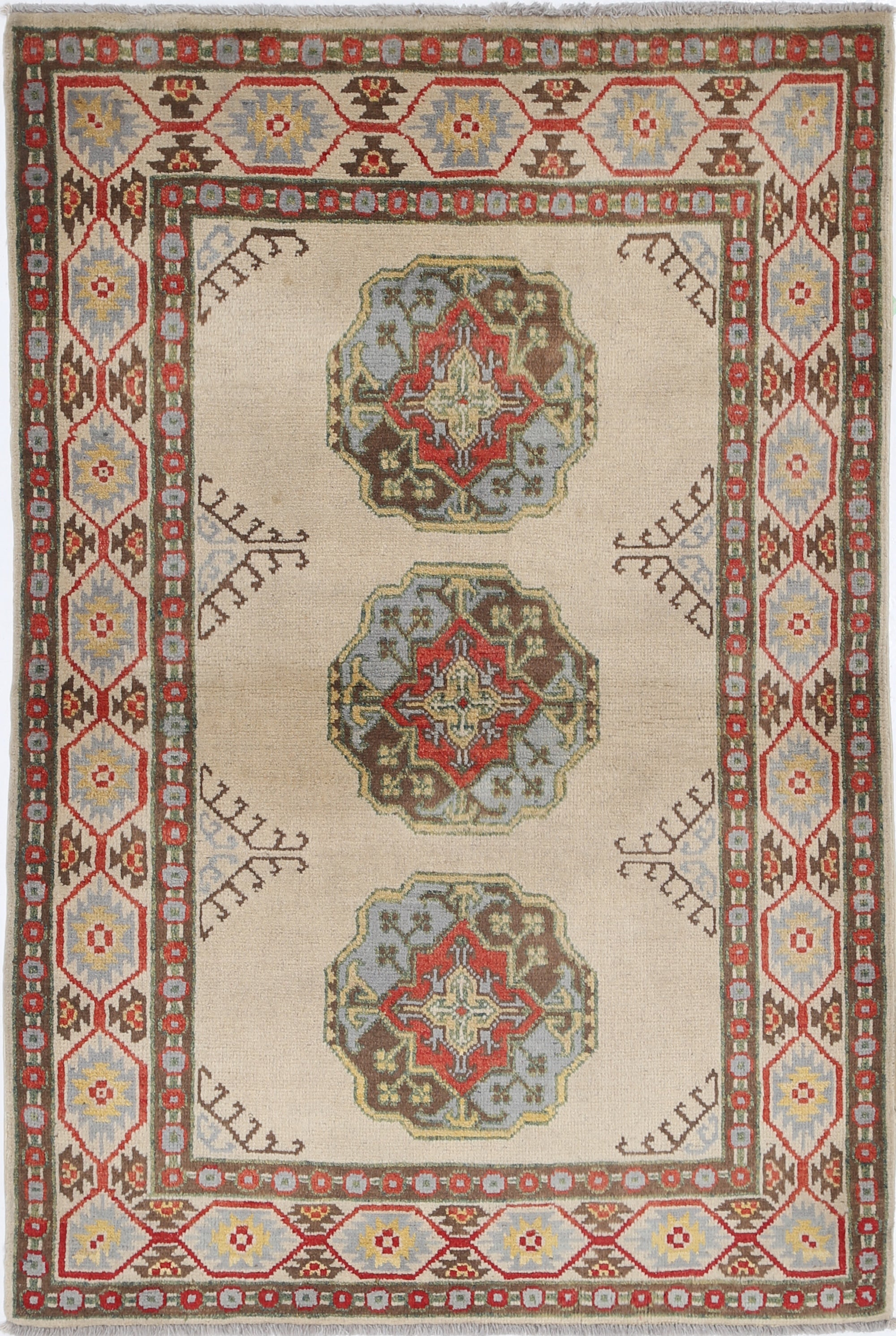 Ivory Hand-Knotted Distressed Vintage Wool Rug - 3'3" x 4'9"