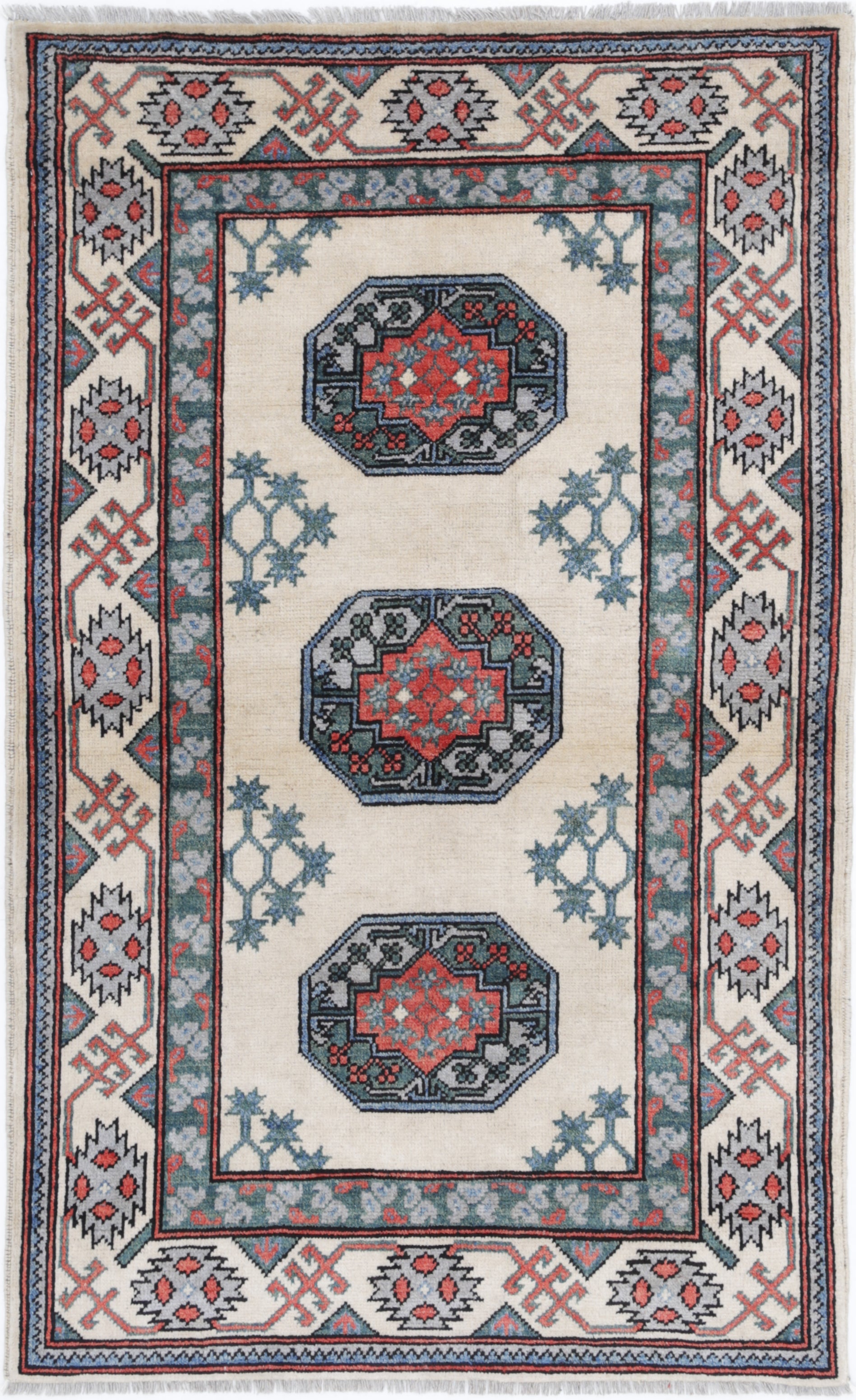 Ivory Hand-Knotted Distressed Vintage Wool Rug - 3'2" x 5'1"