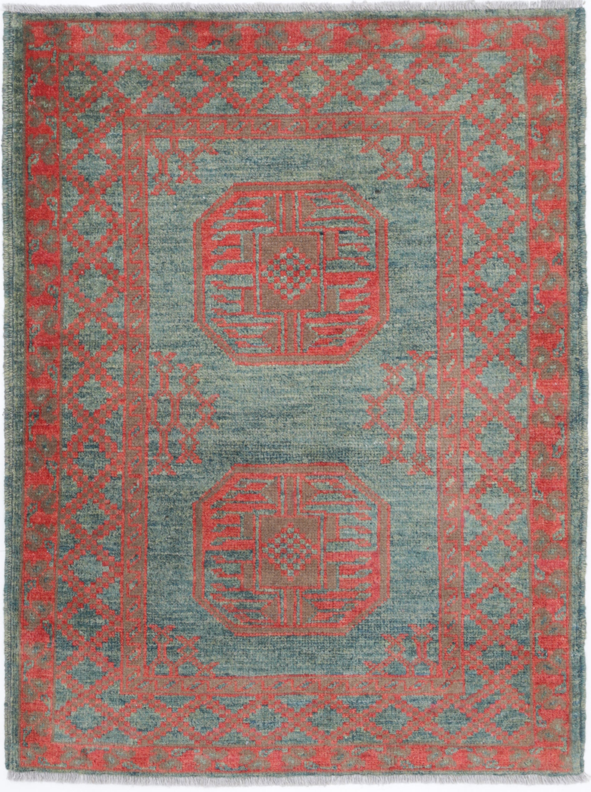 Green Hand-Knotted Distressed Vintage Wool Rug - 2'9" x 3'10"