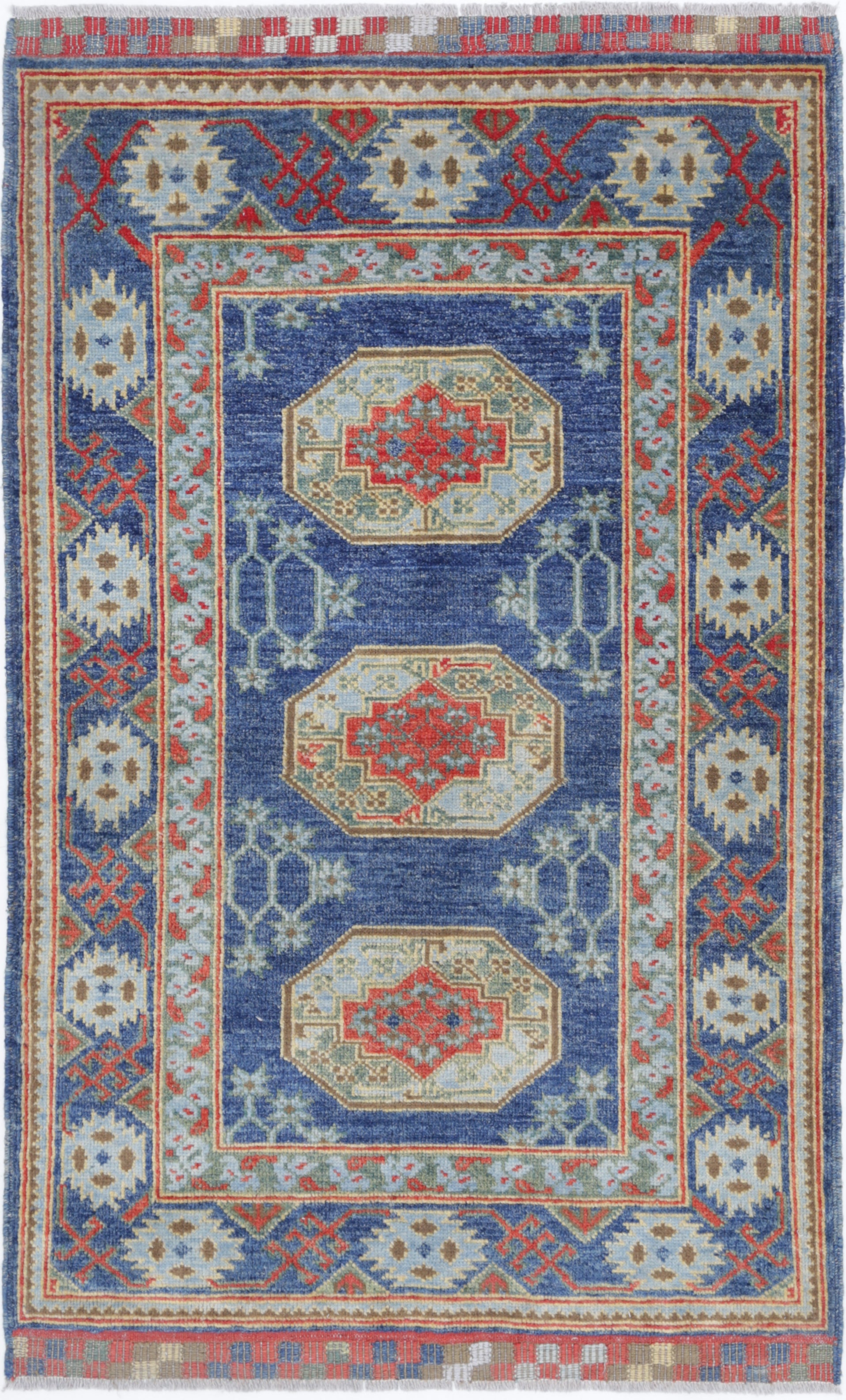 Blue Hand-Knotted Distressed Vintage Wool Rug - 3'2" x 4'11"