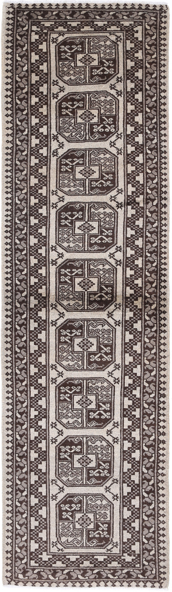Ivory Hand-Knotted Afghan Tribal Geometric Wool Rug - 2'8" x 9'8"