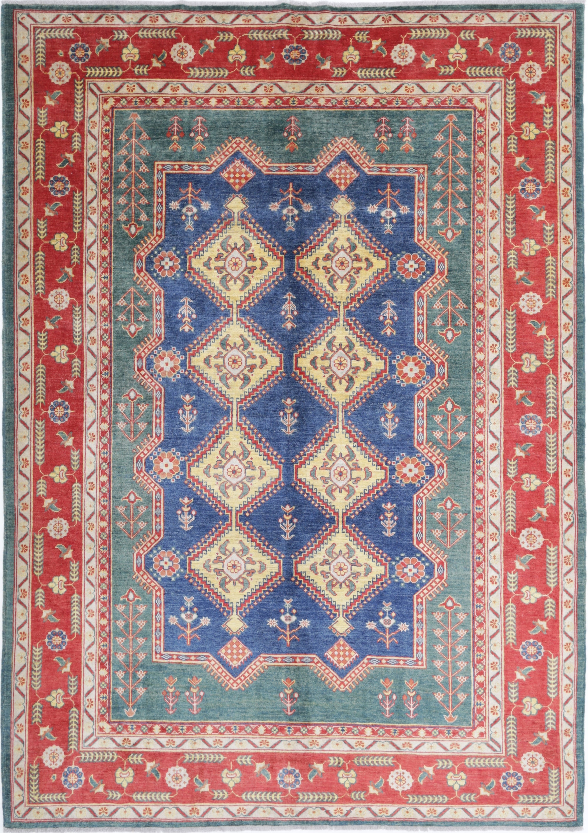 Green Hand-Knotted Distressed Vintage Wool Rug - 6'7" x 9'3"