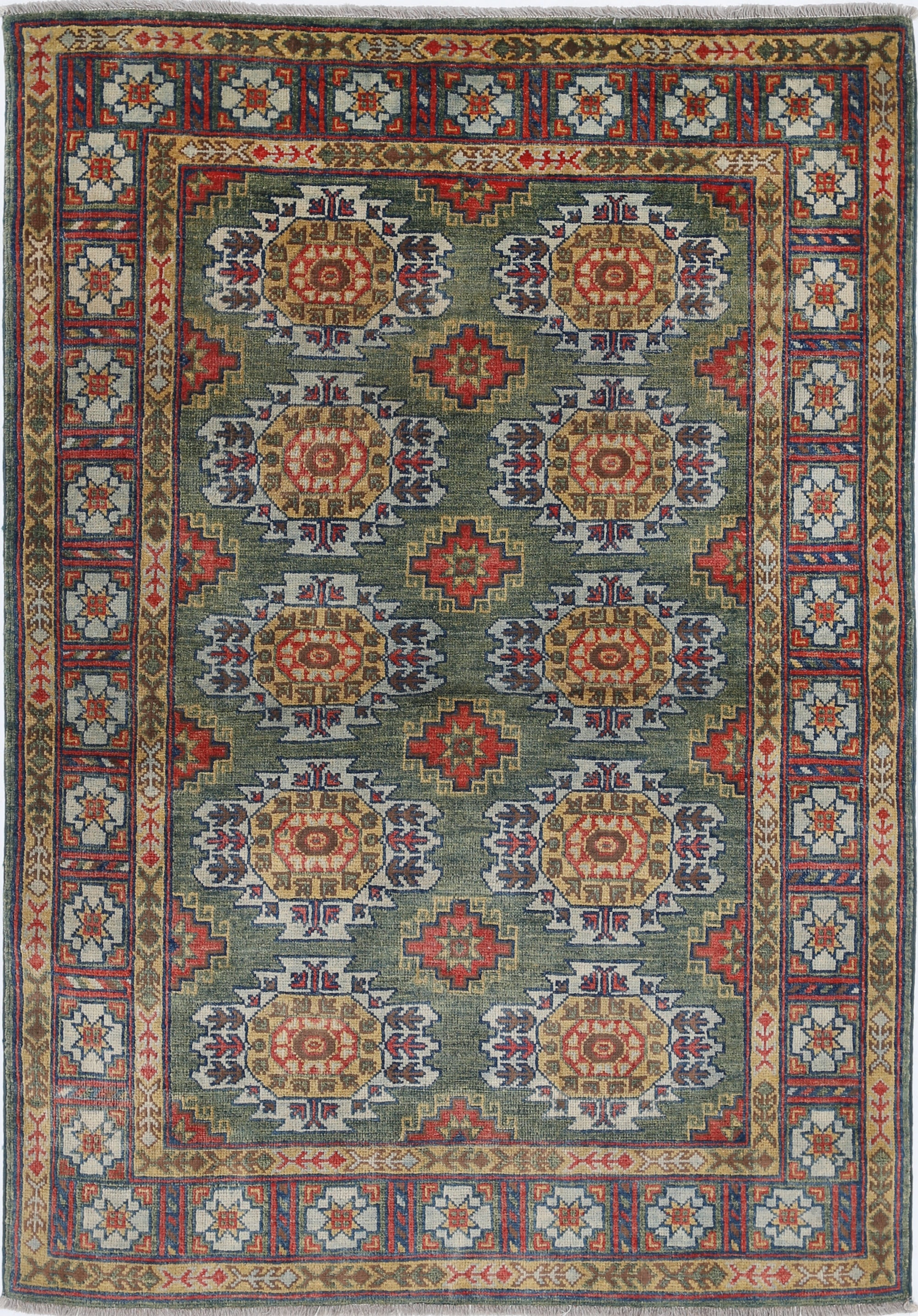 Green Hand-Knotted Distressed Vintage Wool Rug - 4'0" x 5'8"