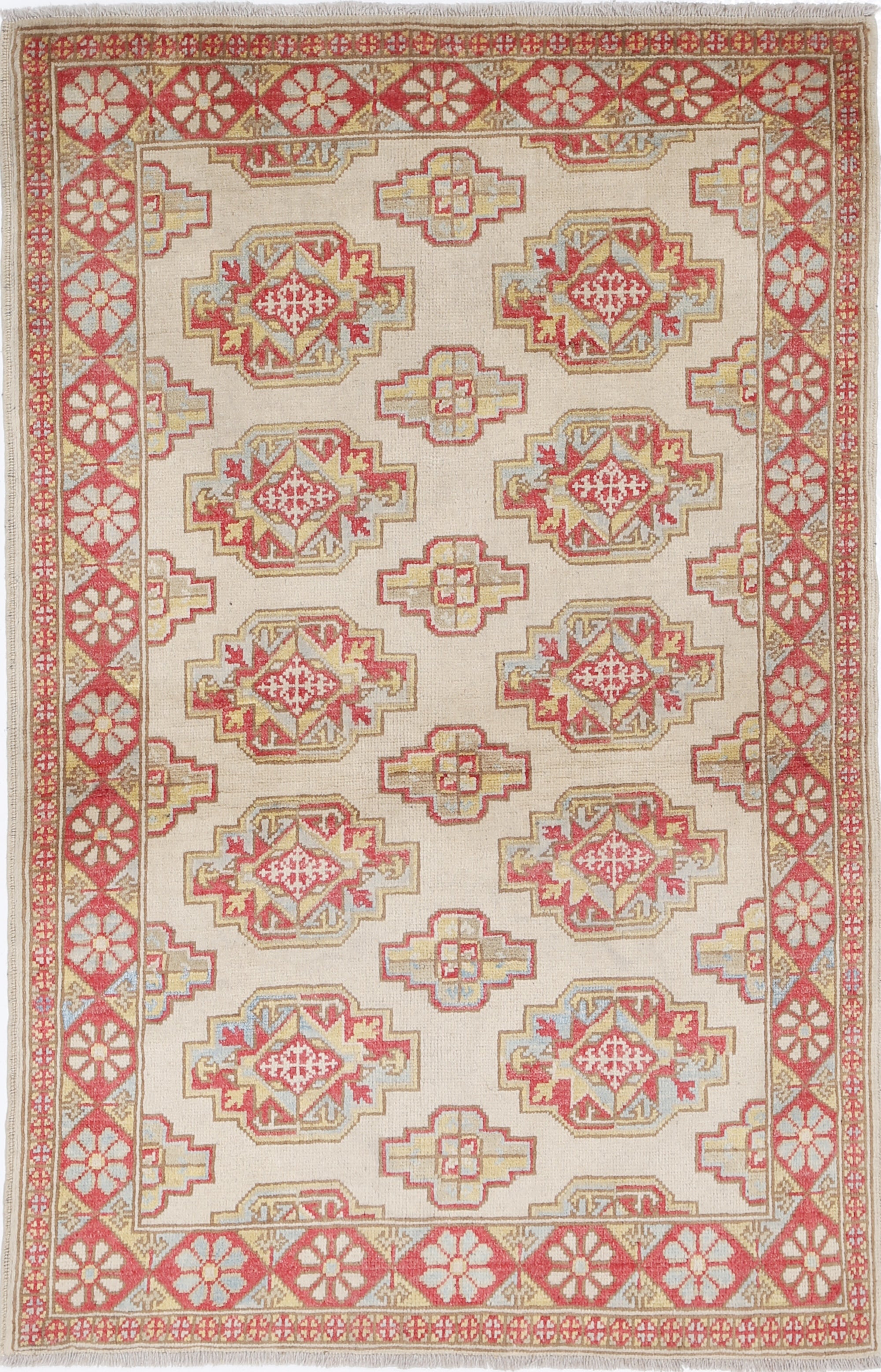 Ivory Hand-Knotted Distressed Vintage Wool Rug - 3'2" x 4'10"