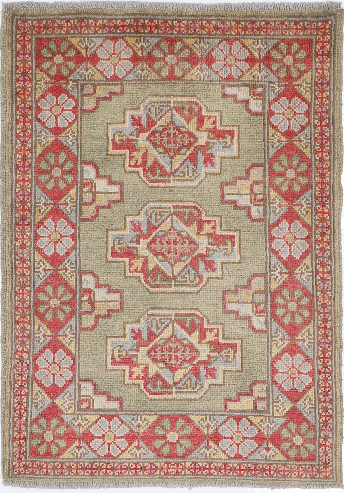 Green Hand-Knotted Distressed Vintage Wool Rug - 2'1" x 3'0"