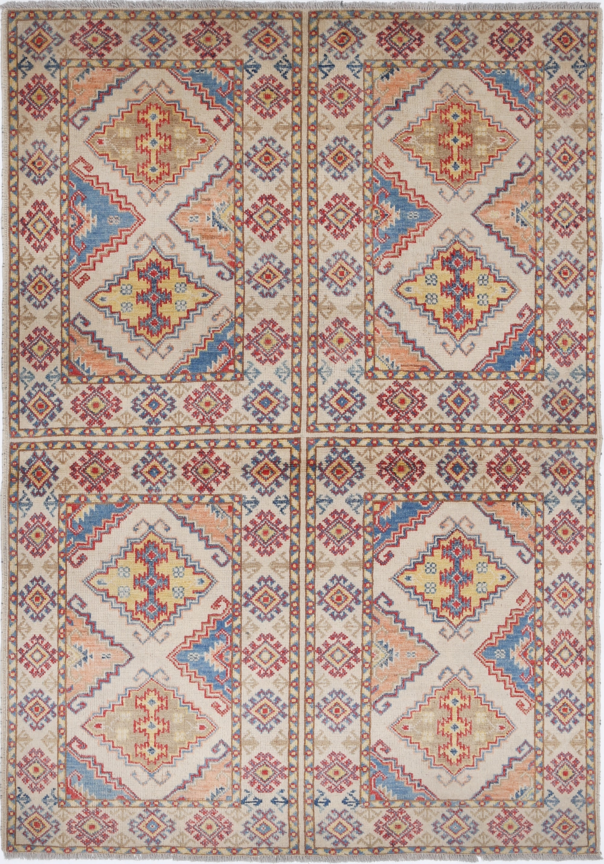 Ivory Hand-Knotted Distressed Vintage Wool Rug - 3'11" x 5'9"