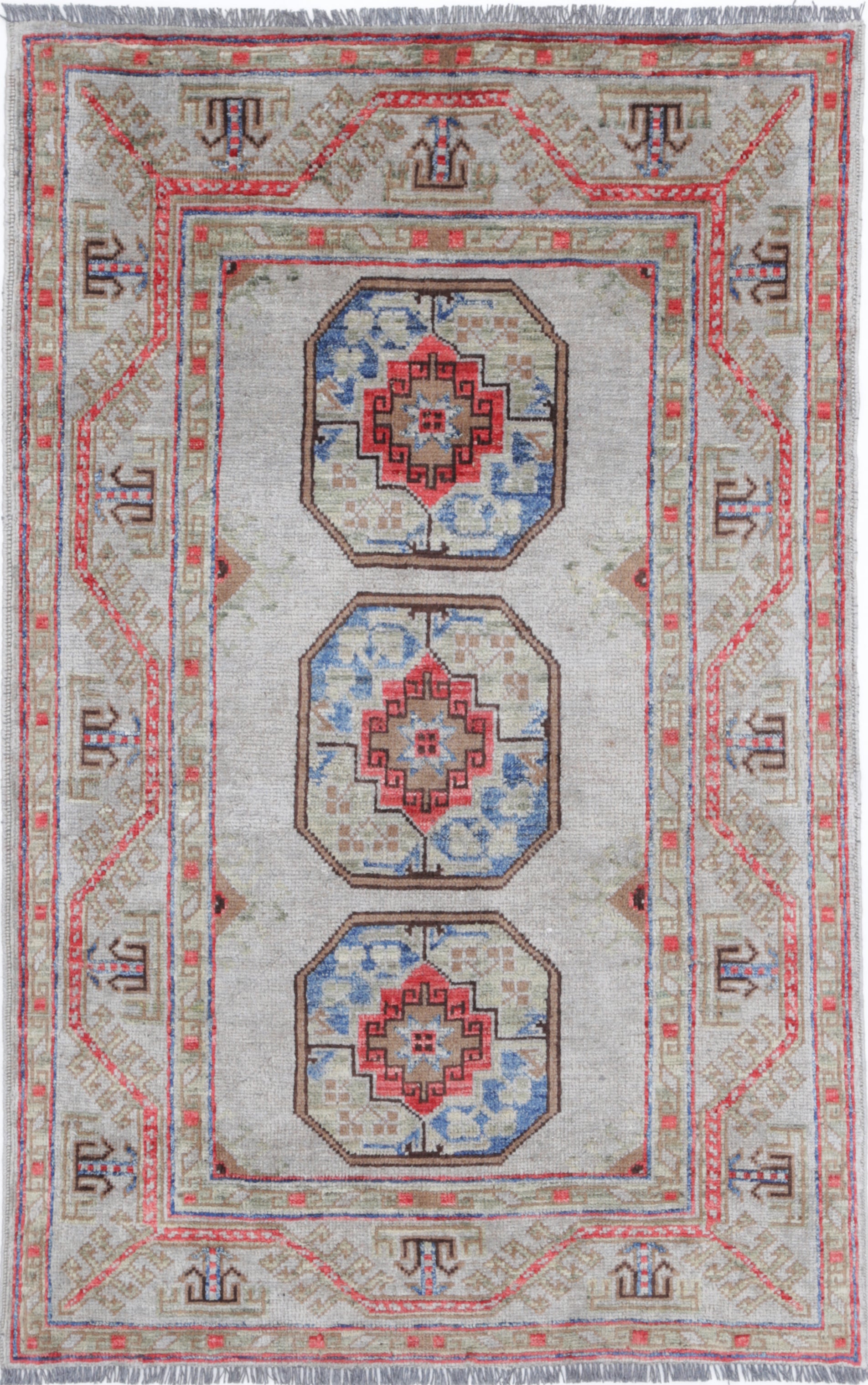 Grey Hand-Knotted Distressed Vintage Wool Rug - 3'1" x 4'11"