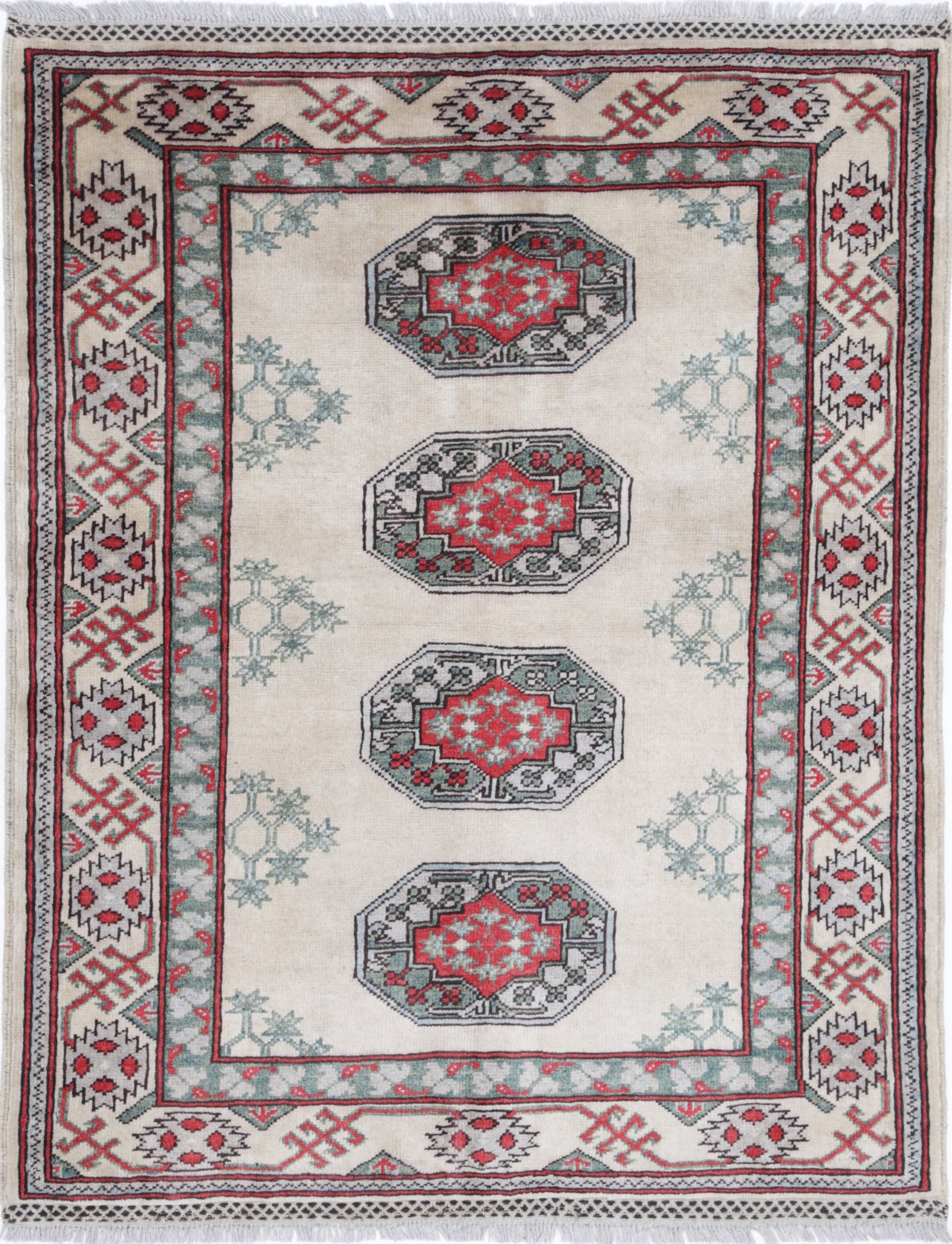 Ivory Hand-Knotted Distressed Vintage Wool Rug - 3'7" x 4'6"
