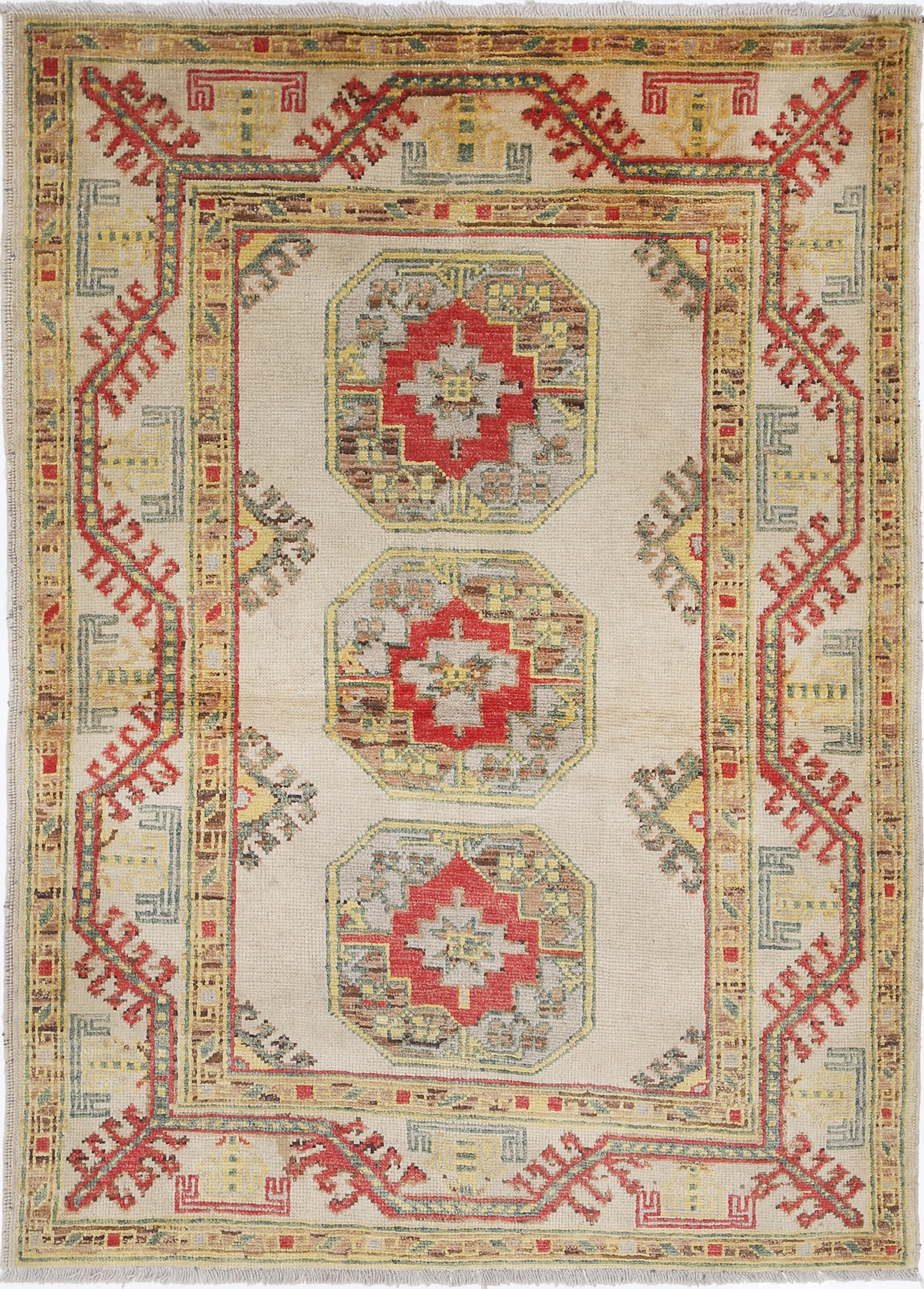 Ivory Hand-Knotted Distressed Vintage Wool Rug - 3'6" x 4'11"