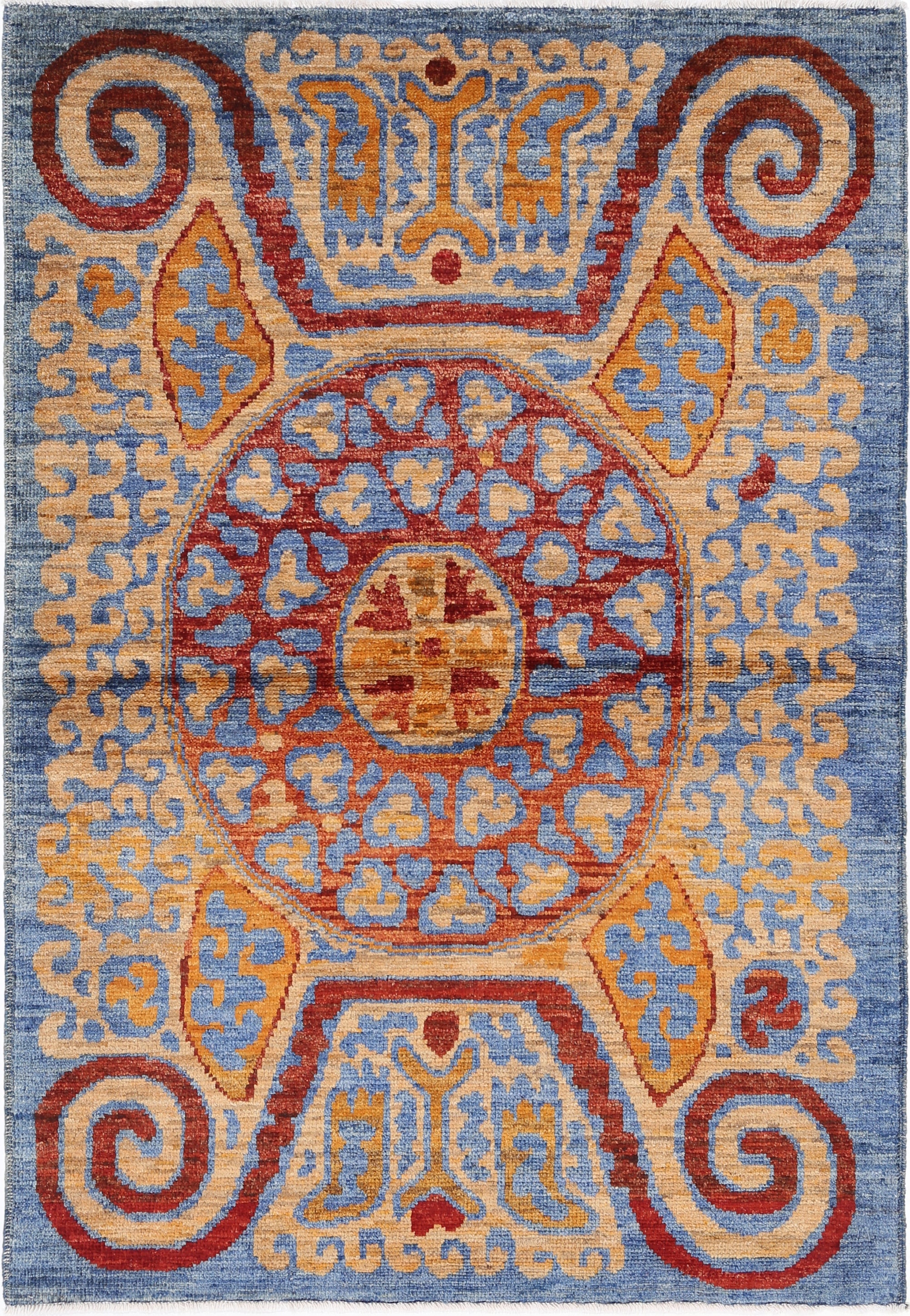 Gold Hand-Knotted Tribal Geometric Wool Rug - 4'0" x 5'10"