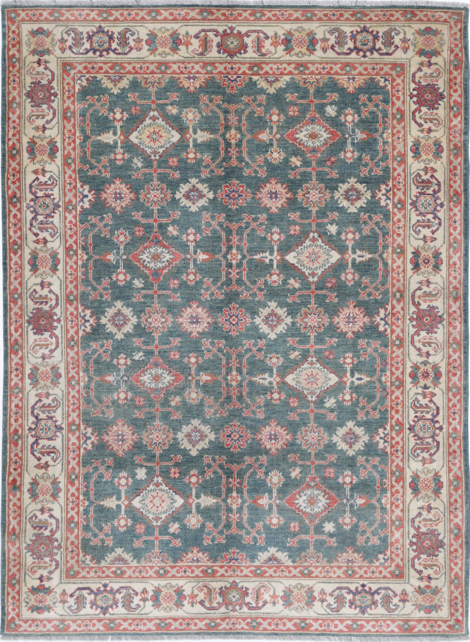 Green Hand-Knotted Distressed Vintage Wool Rug - 5'7" x 7'8"