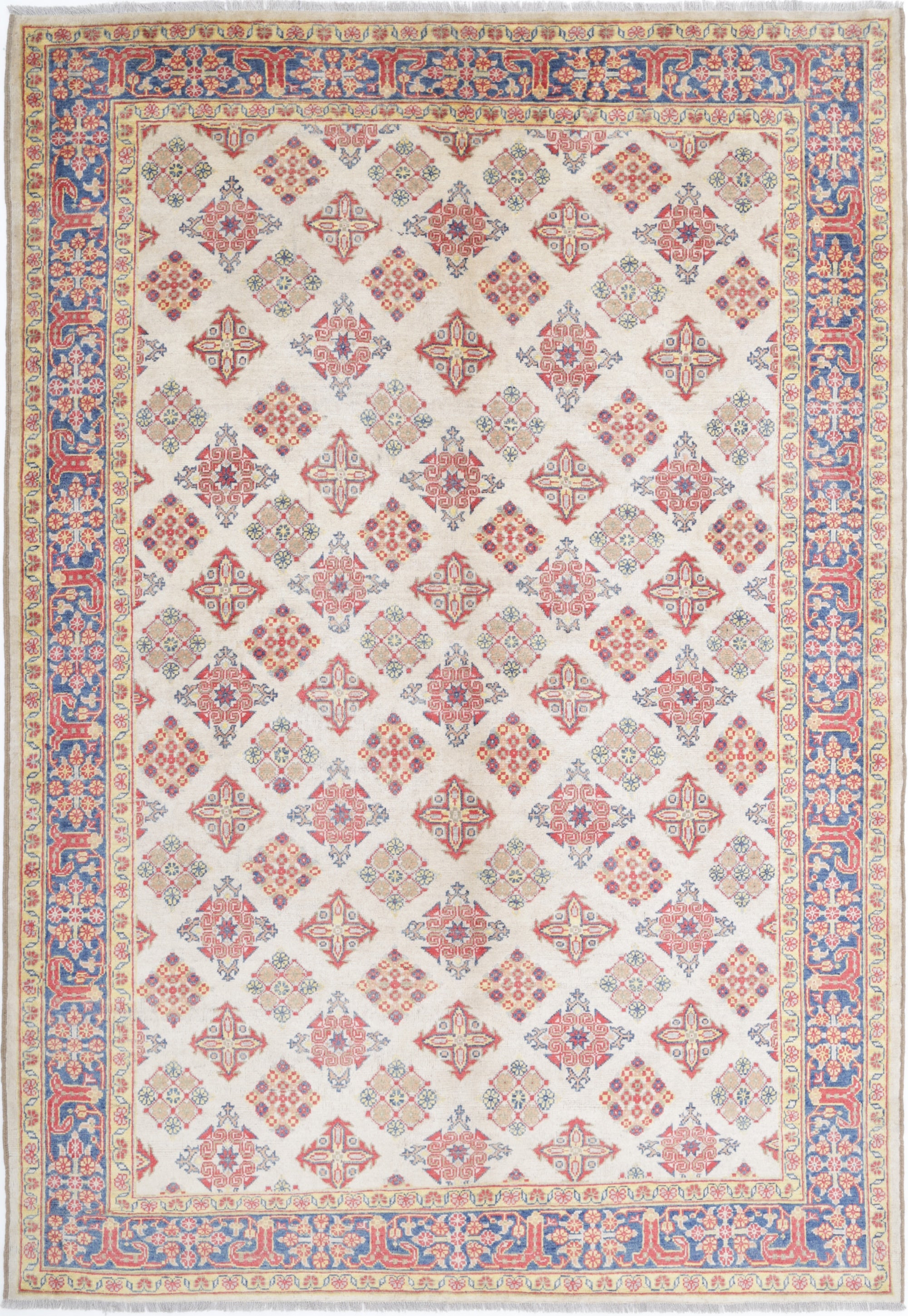 Ivory Hand-Knotted Distressed Vintage Wool Rug - 6'9" x 10'0"