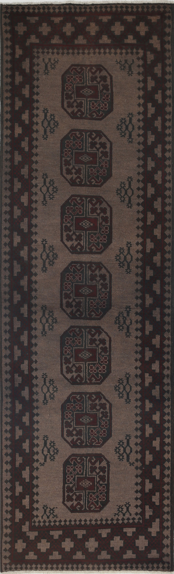 Ivory Hand-Knotted Afghan Tribal Geometric Wool Rug - 2'8" x 9'2"