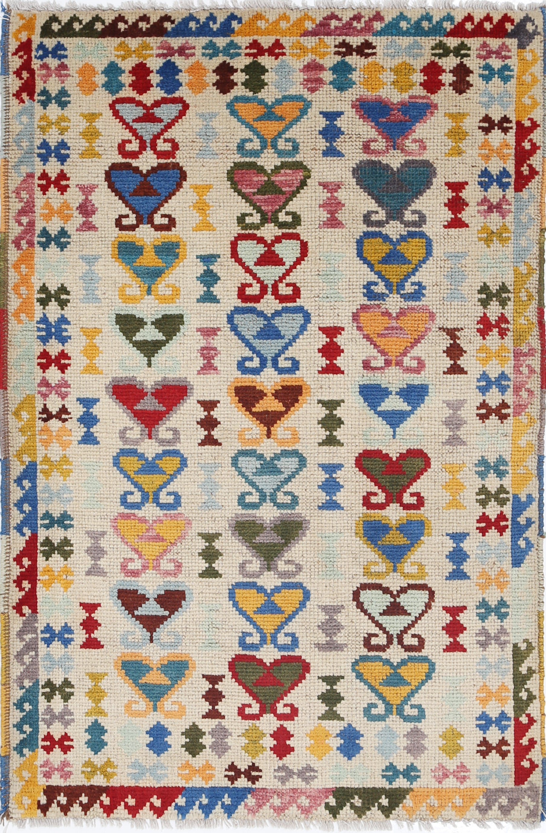 Ivory Hand-Knotted Tribal Geometric Wool Rug - 2'9" x 4'3"