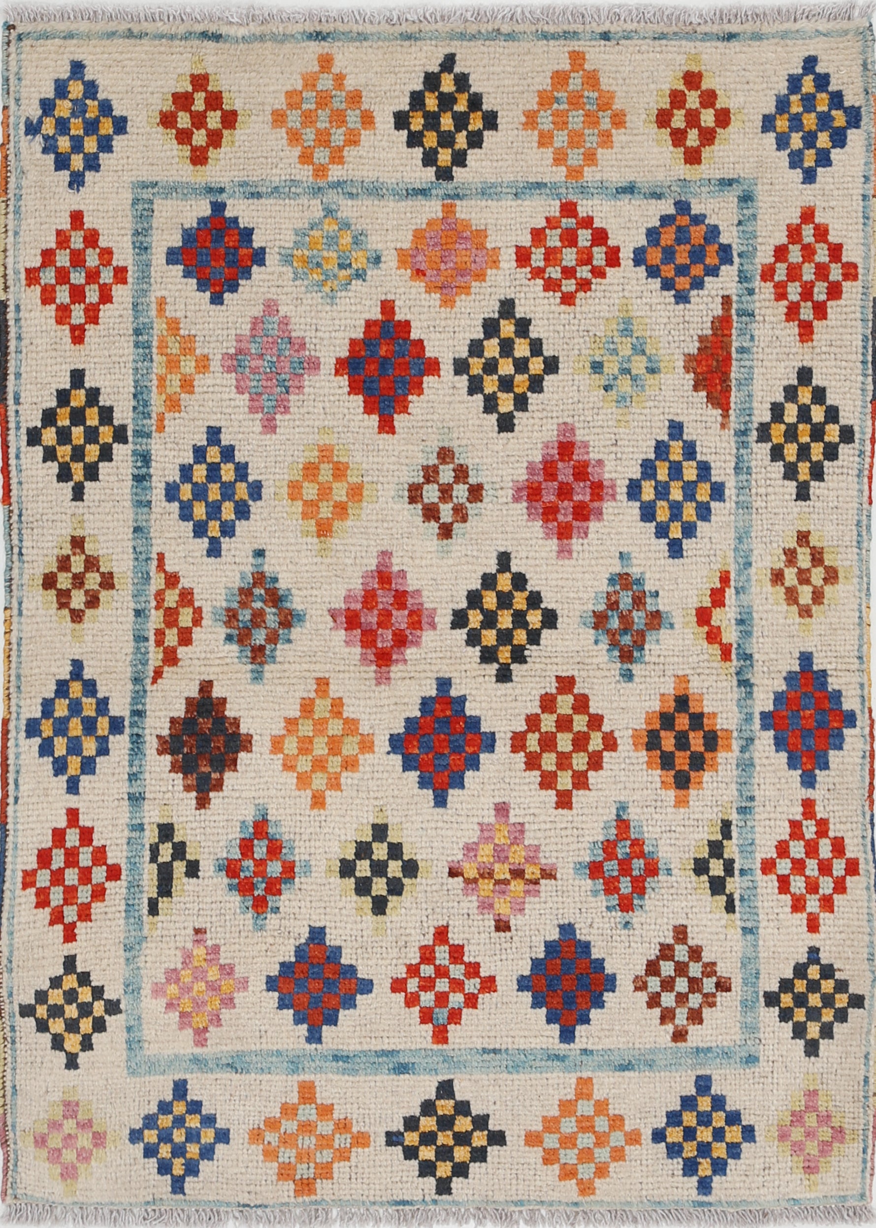 Ivory Hand-Knotted Tribal Geometric Wool Rug - 2'7" x 3'7"