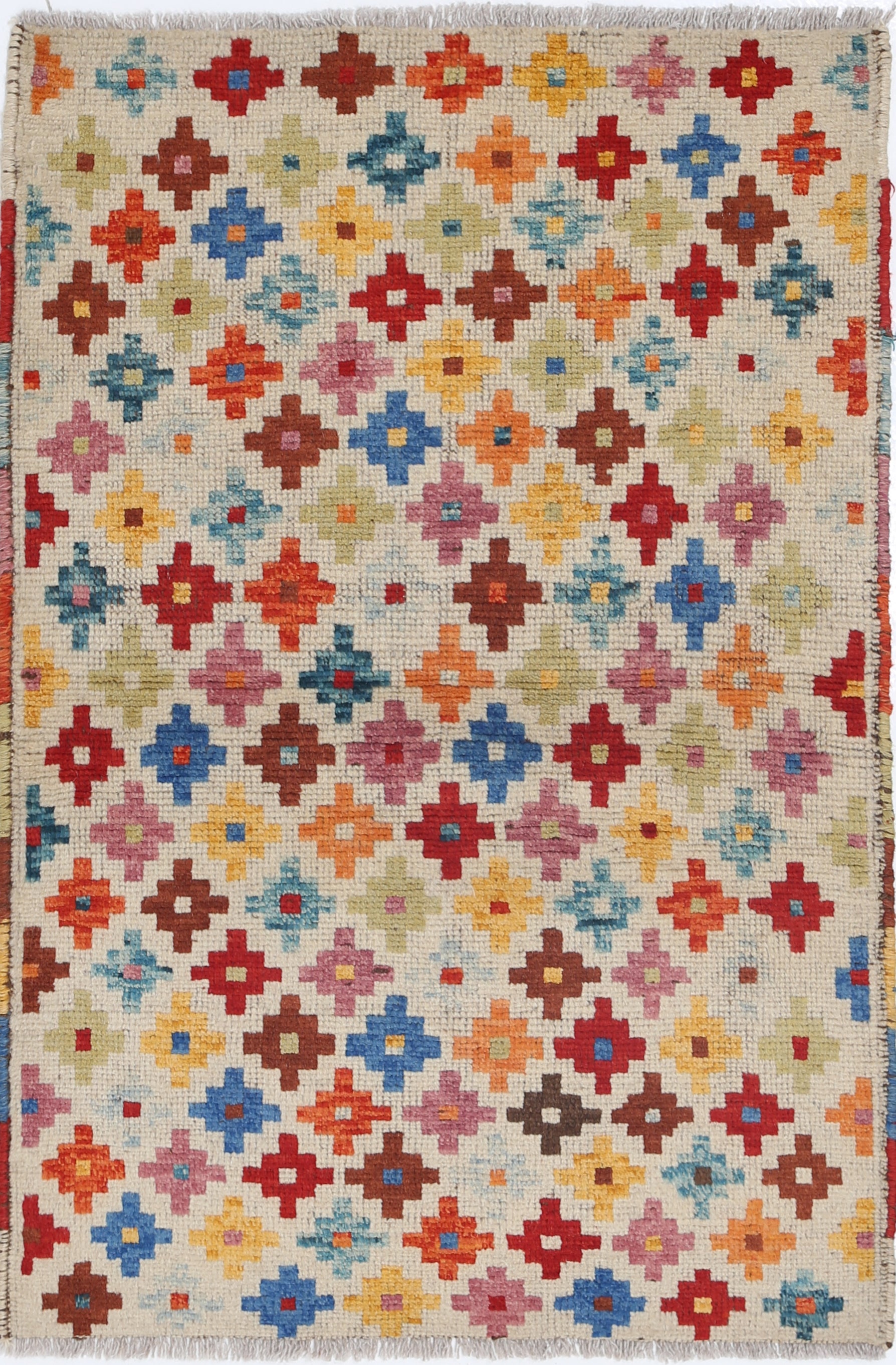 Ivory Hand-Knotted Tribal Geometric Wool Rug - 2'8" x 4'0"