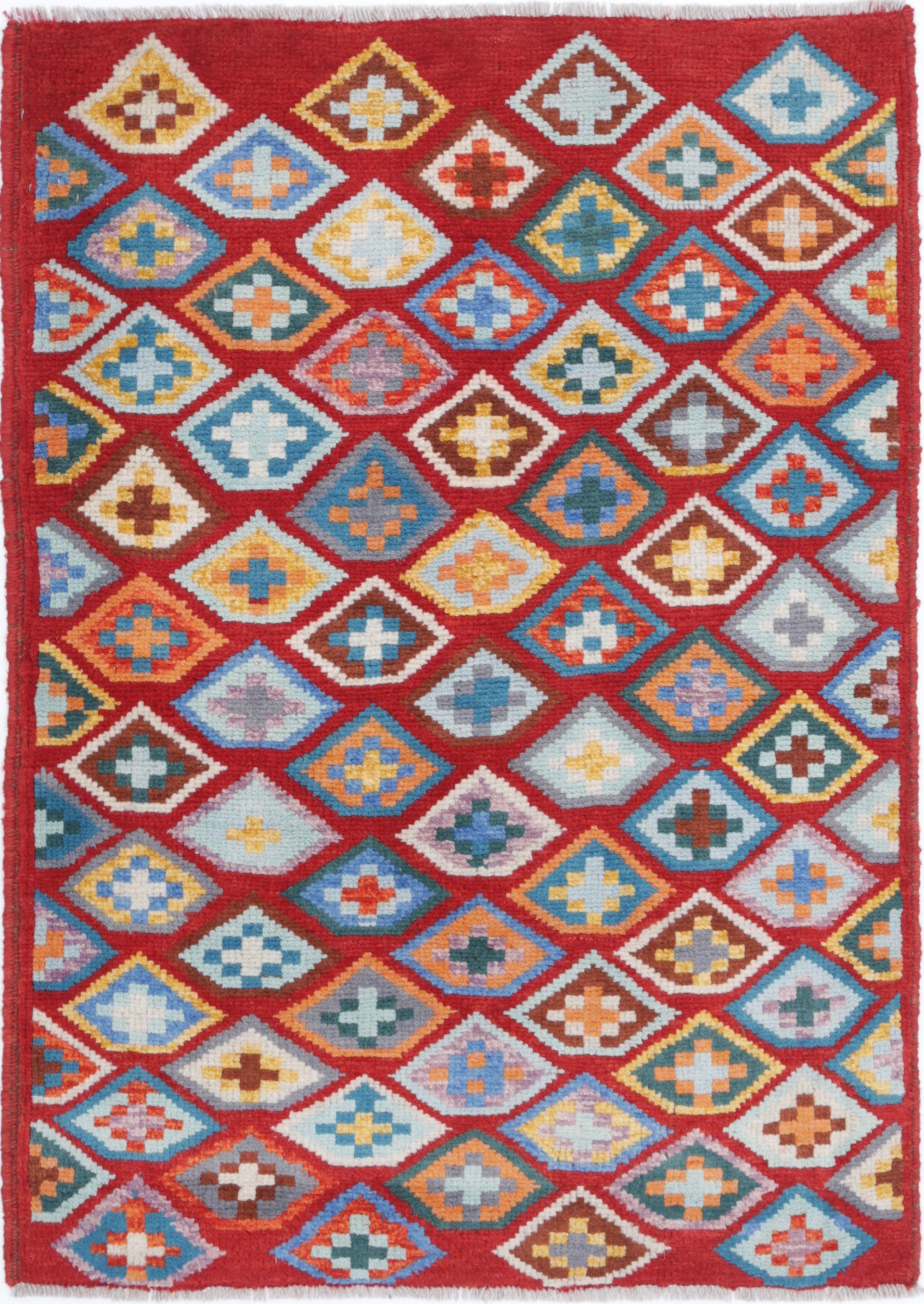 Red Hand-Knotted Tribal Geometric Wool Rug - 2'7" x 3'9"