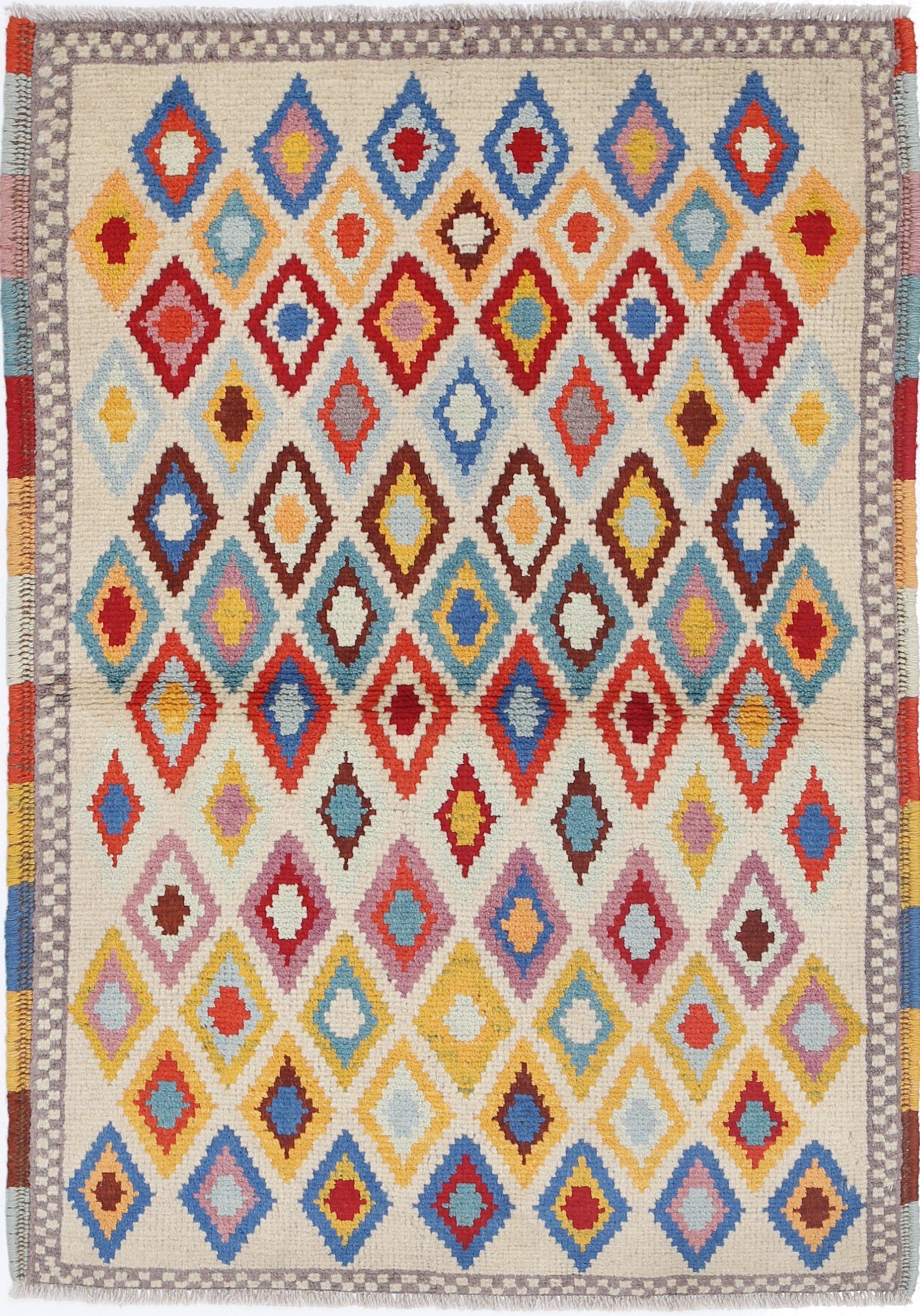 Ivory Hand-Knotted Tribal Geometric Wool Rug - 2'9" x 4'0"