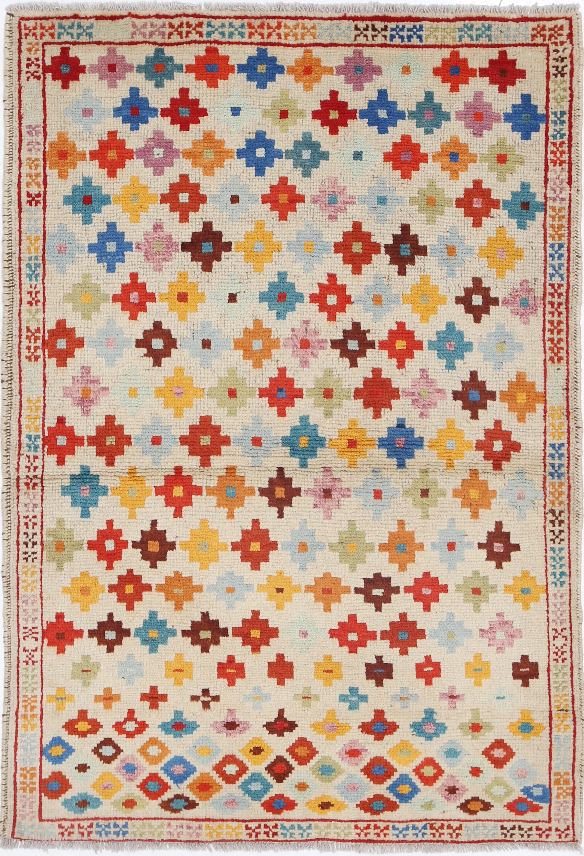 Ivory Hand-Knotted Tribal Geometric Wool Rug - 3'4" x 4'10"