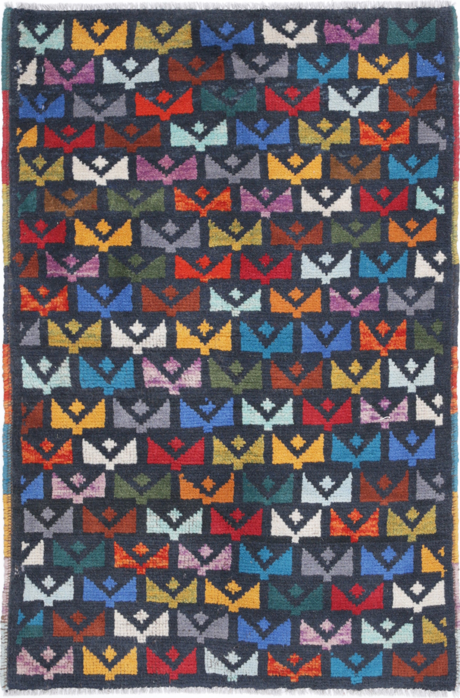 Black Hand-Knotted Tribal Geometric Wool Rug - 2'6" x 3'11"