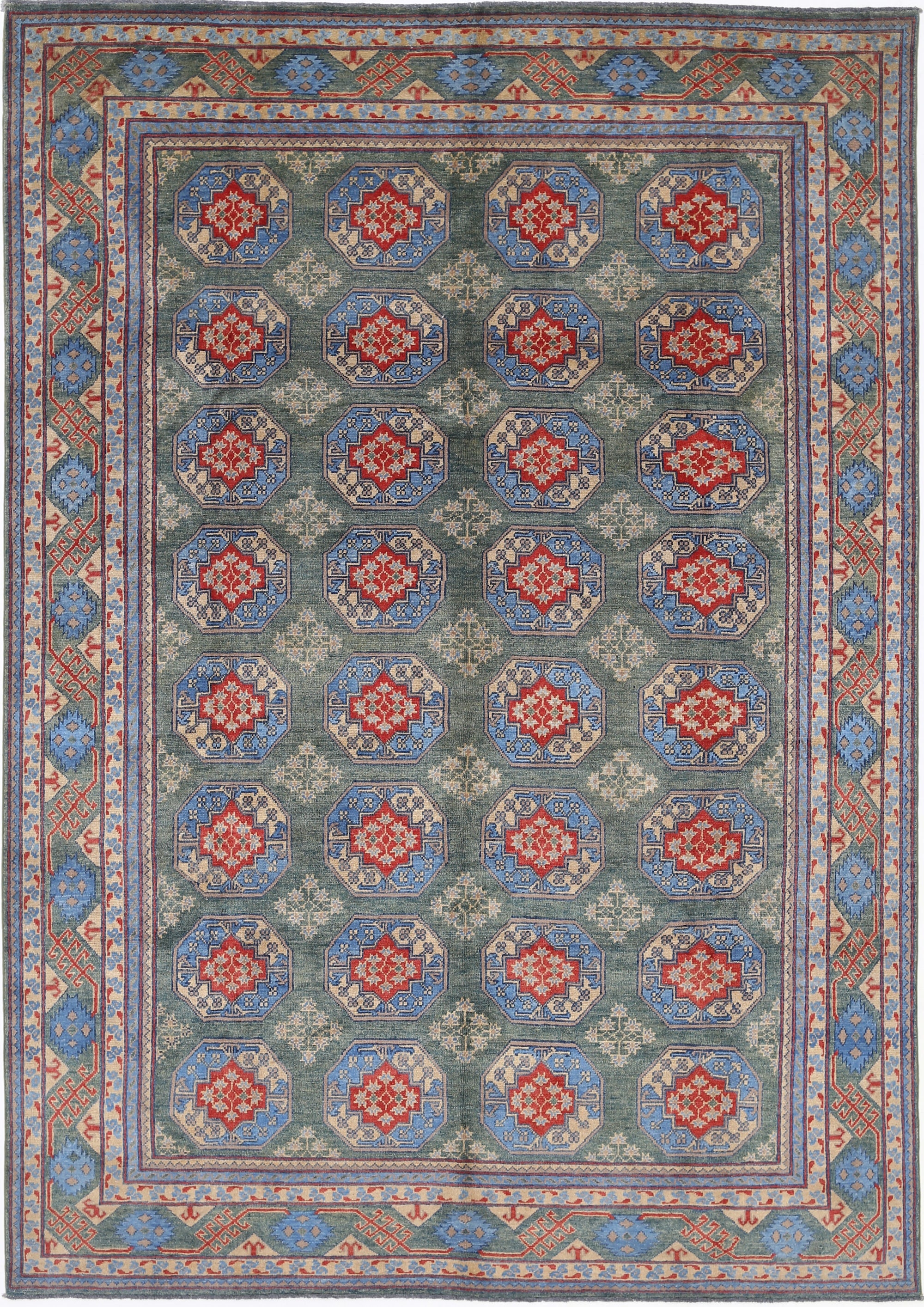 Green Hand-Knotted Distressed Vintage Wool Rug - 8'1" x 11'6"