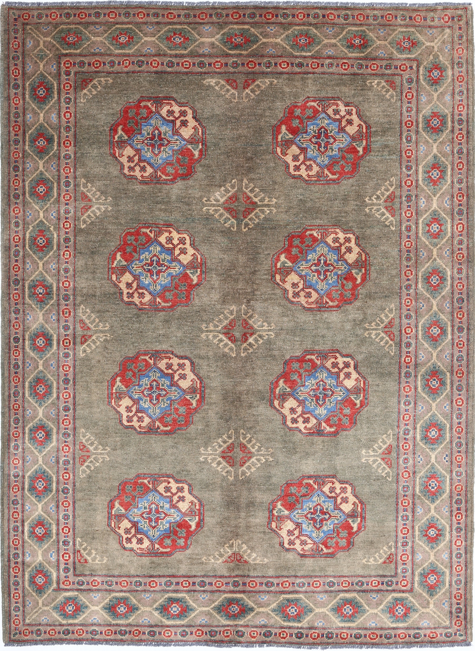 Green Hand-Knotted Distressed Vintage Wool Rug - 5'7" x 7'10"