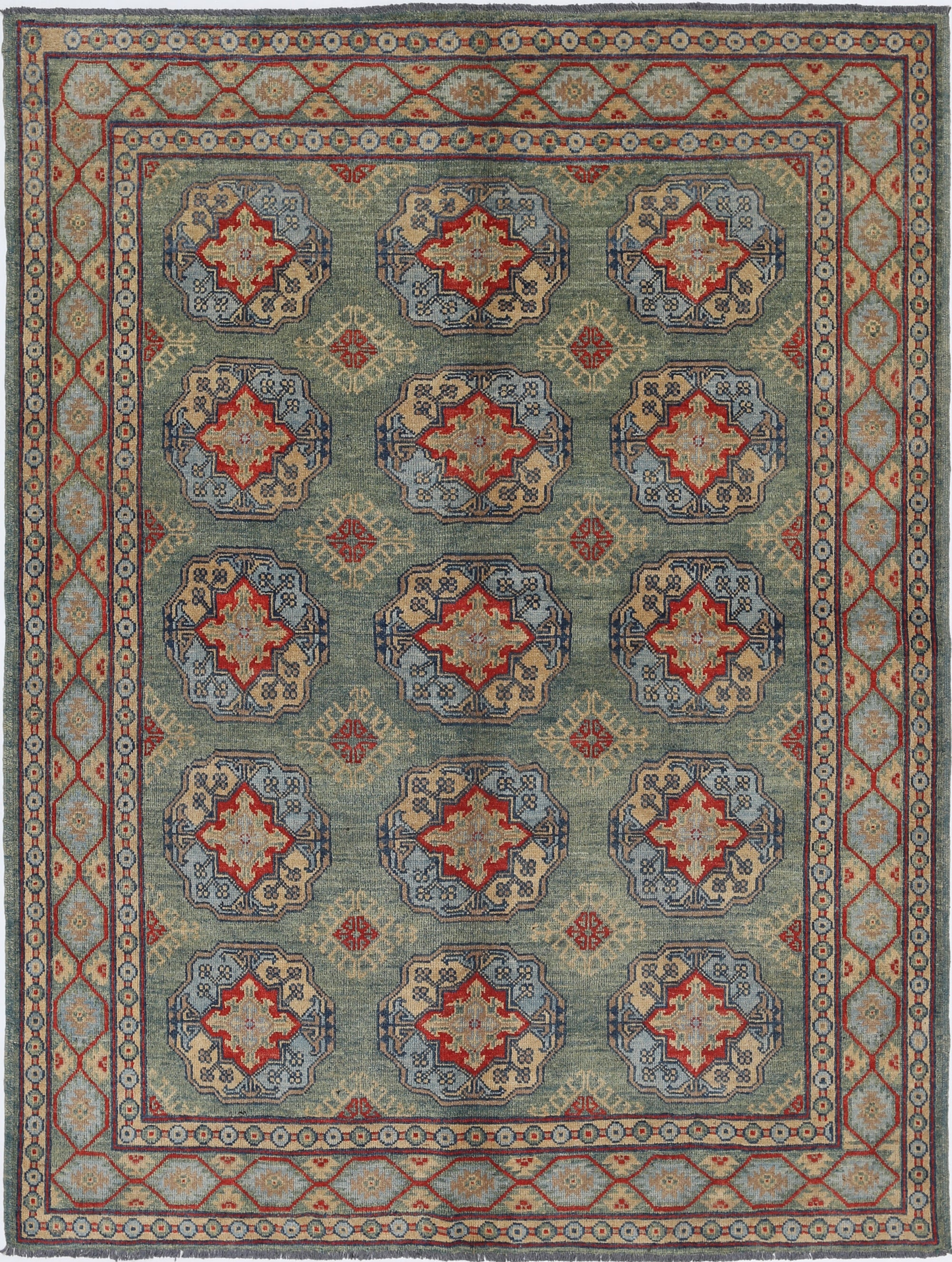 Green Hand-Knotted Distressed Vintage Wool Rug - 5'8" x 7'8"