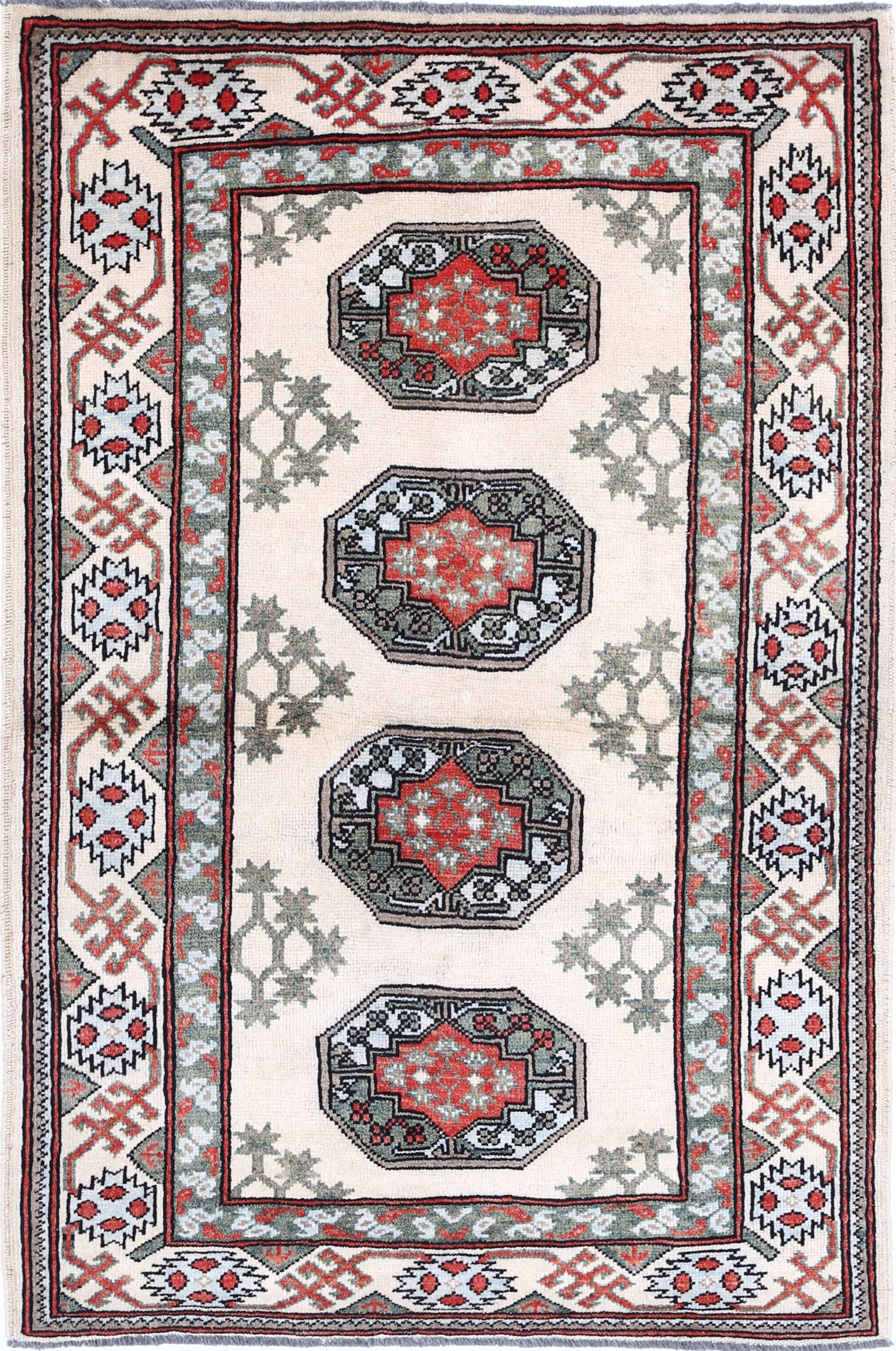 Ivory Hand-Knotted Distressed Vintage Wool Rug - 3'3" x 4'11"