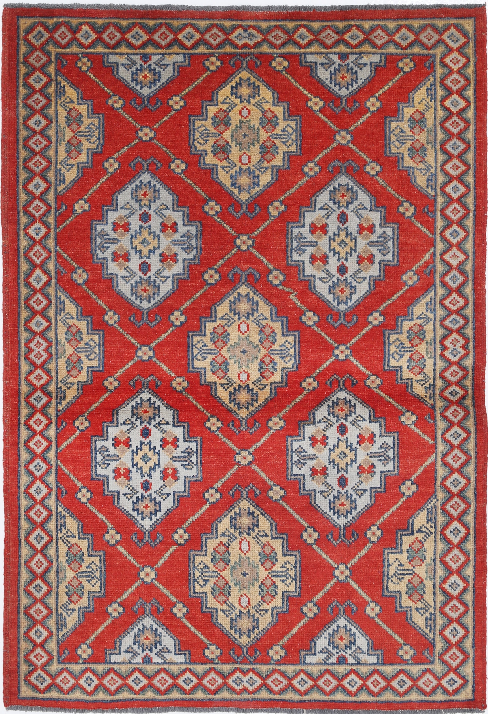 Red Hand-Knotted Distressed Vintage Wool Rug - 3'4" x 5'1"