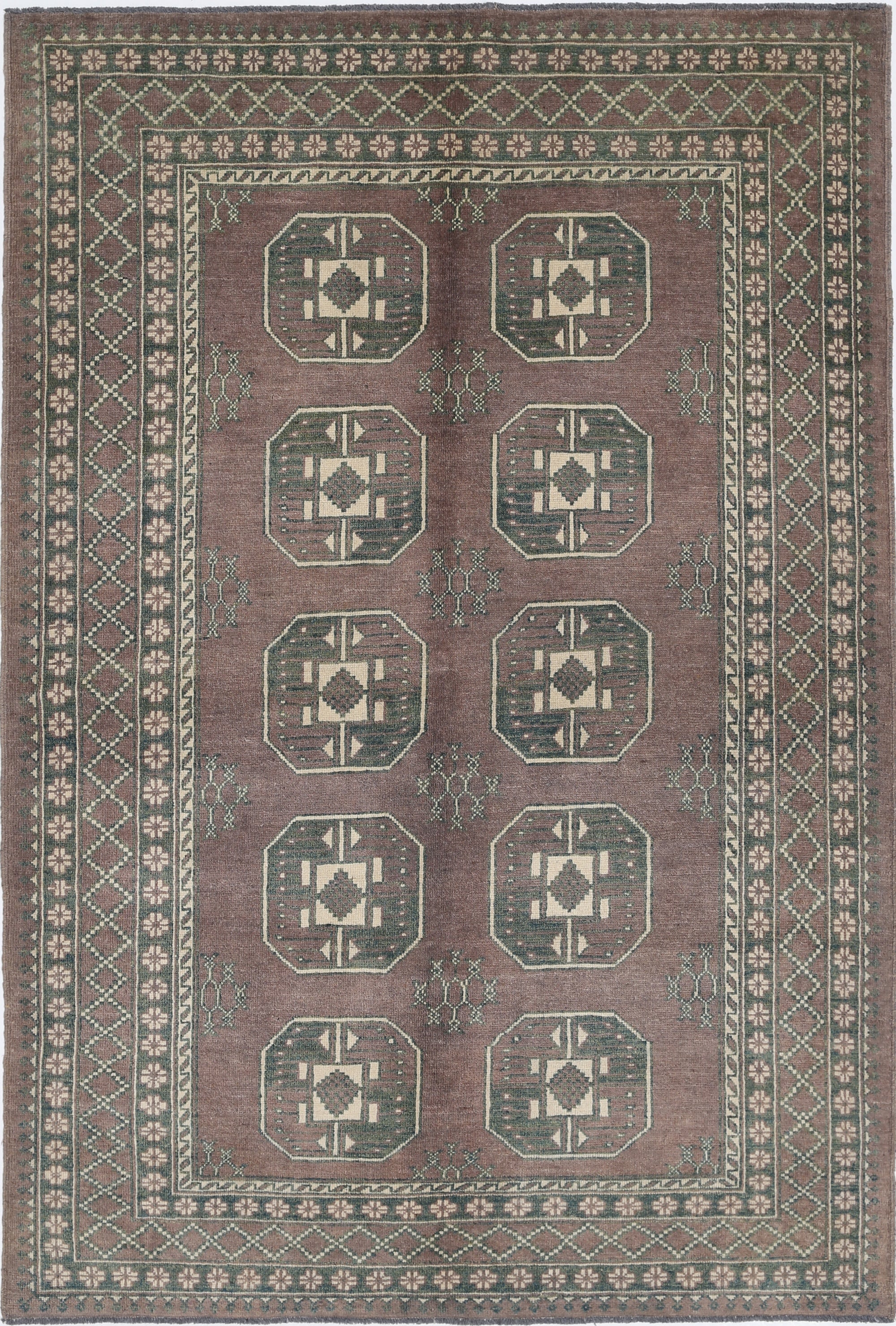 Brown Hand-Knotted Distressed Vintage Wool Rug - 5'6" x 8'3"
