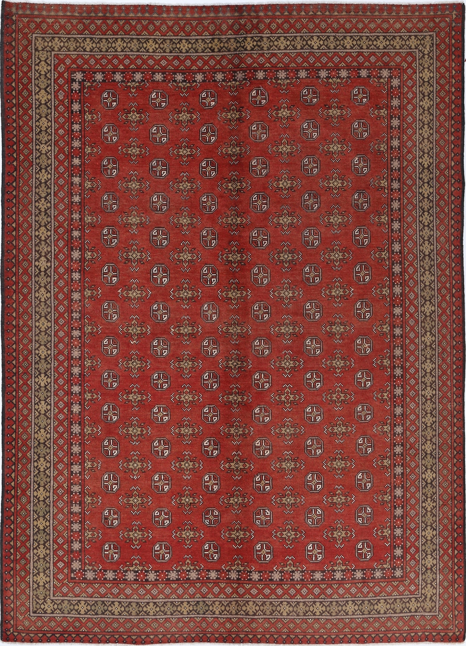 Ivory Hand-Knotted Afghan Tribal Geometric Wool Rug - 6'8" x 9'4"