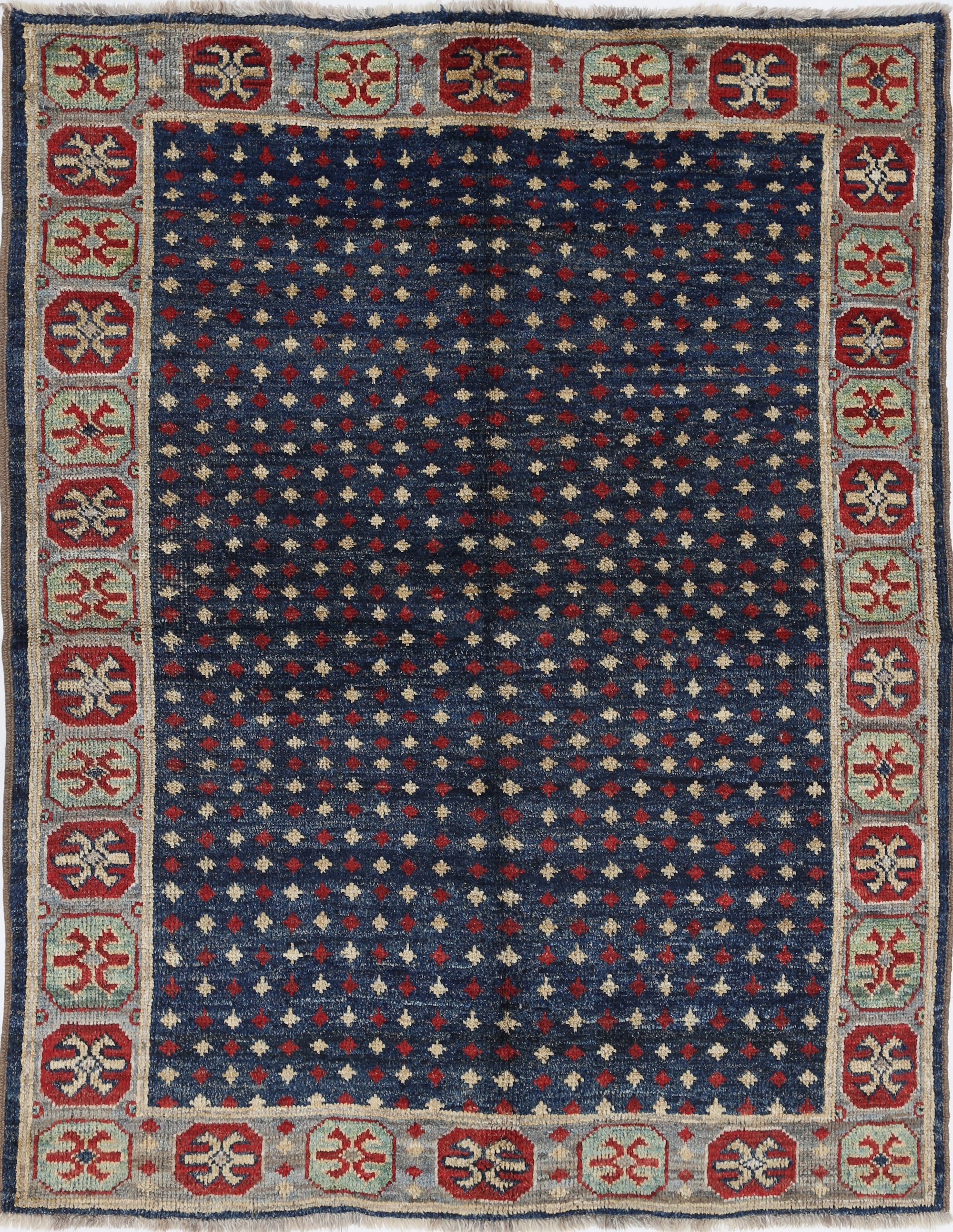 Blue Hand-Knotted Tribal Geometric Wool Rug - 4'11" x 6'3"