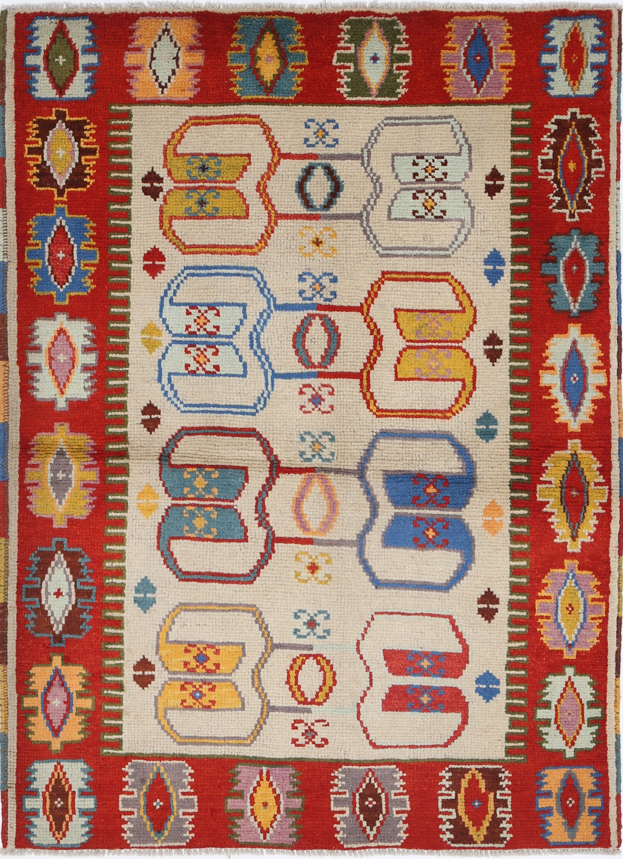 Ivory Hand-Knotted Tribal Geometric Wool Rug - 3'5" x 5'0"