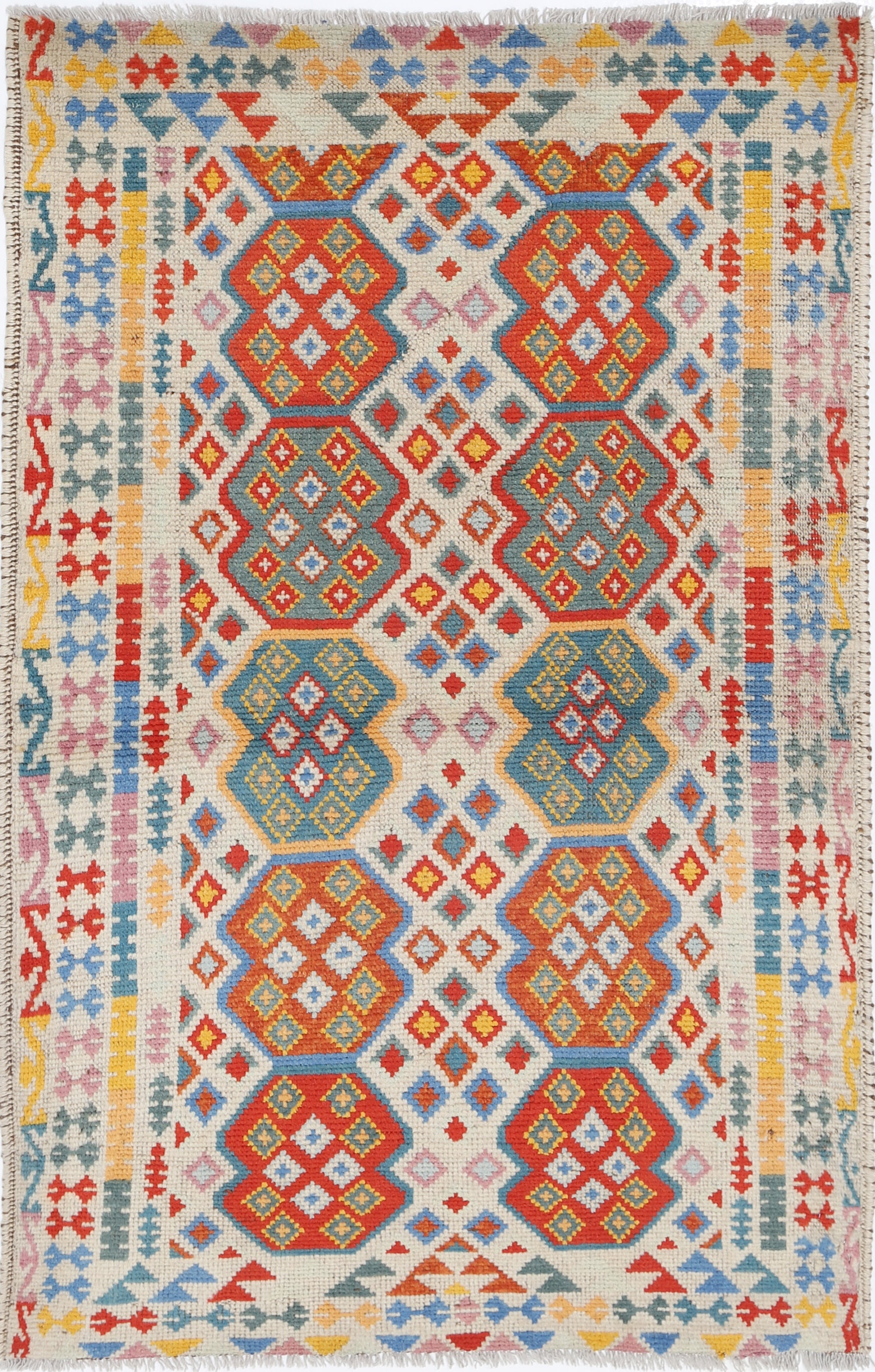 Ivory Hand-Knotted Tribal Geometric Wool Rug - 3'2" x 5'3"