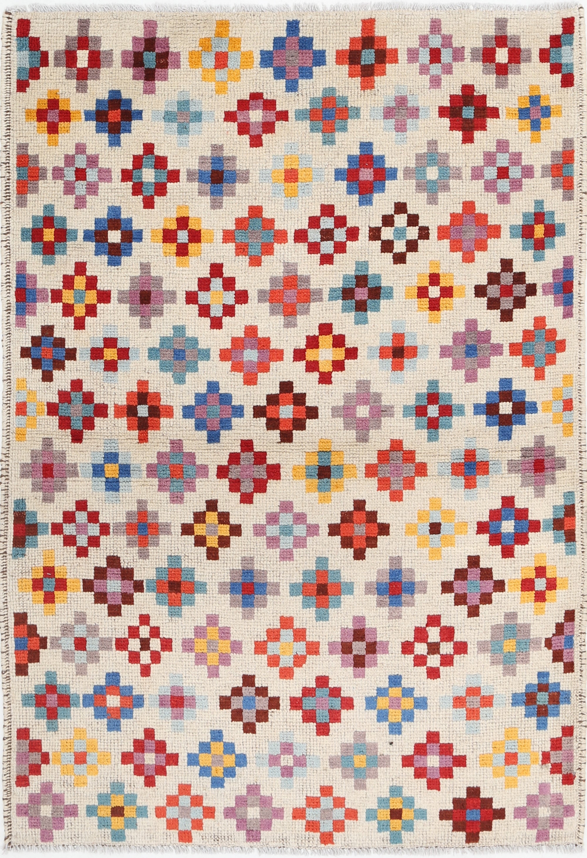 Ivory Hand-Knotted Tribal Geometric Wool Rug - 3'4" x 4'9"