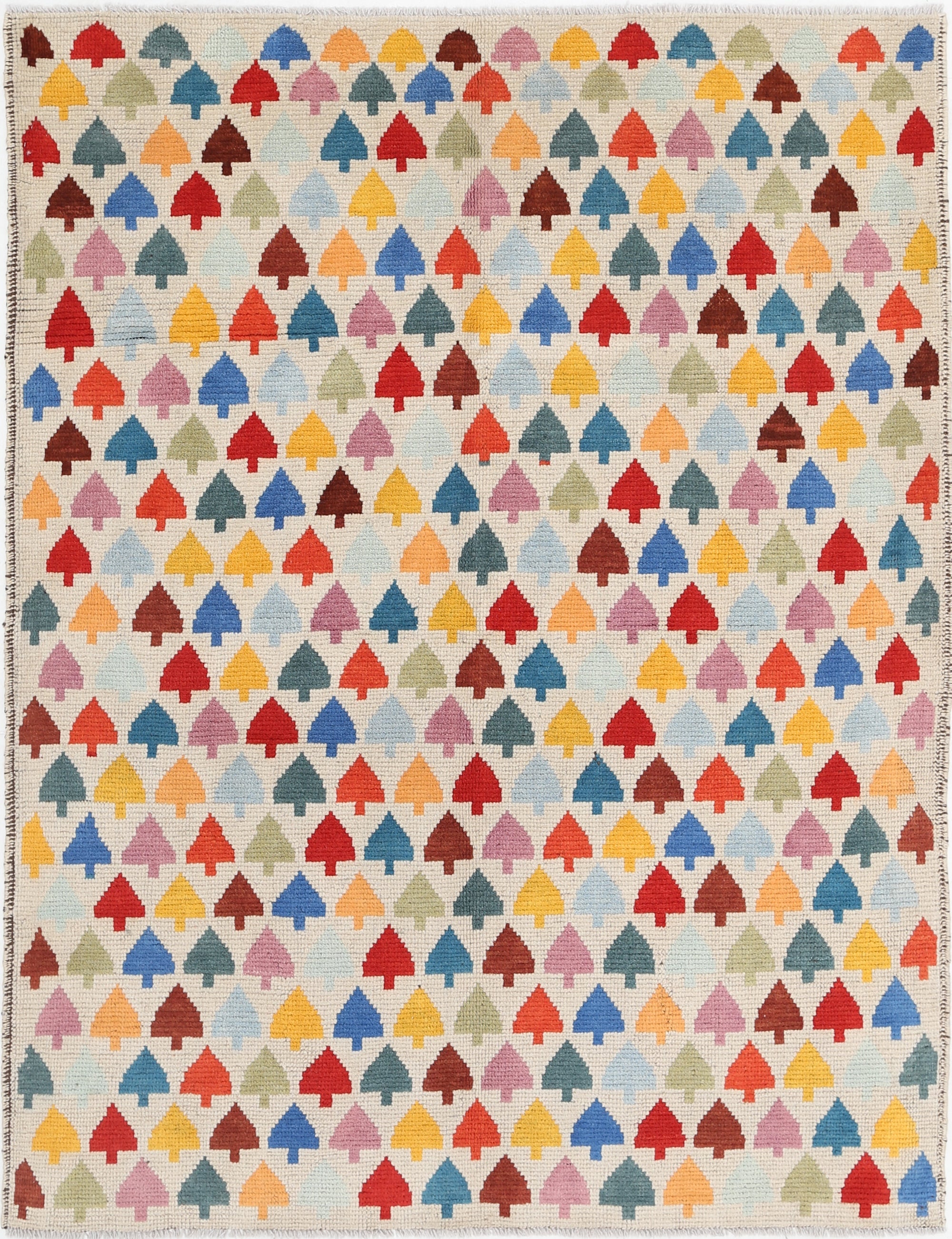 Ivory Hand-Knotted Tribal Geometric Wool Rug - 4'11" x 6'5"