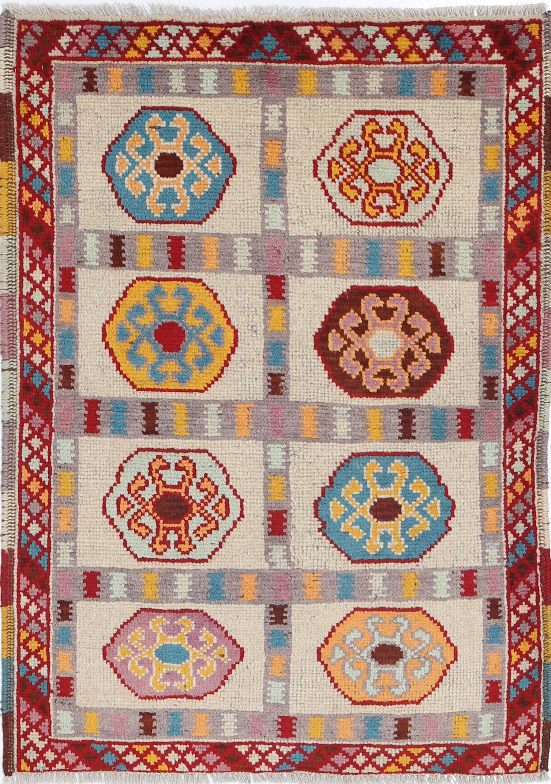 Ivory Hand-Knotted Tribal Geometric Wool Rug - 2'7" x 3'10"