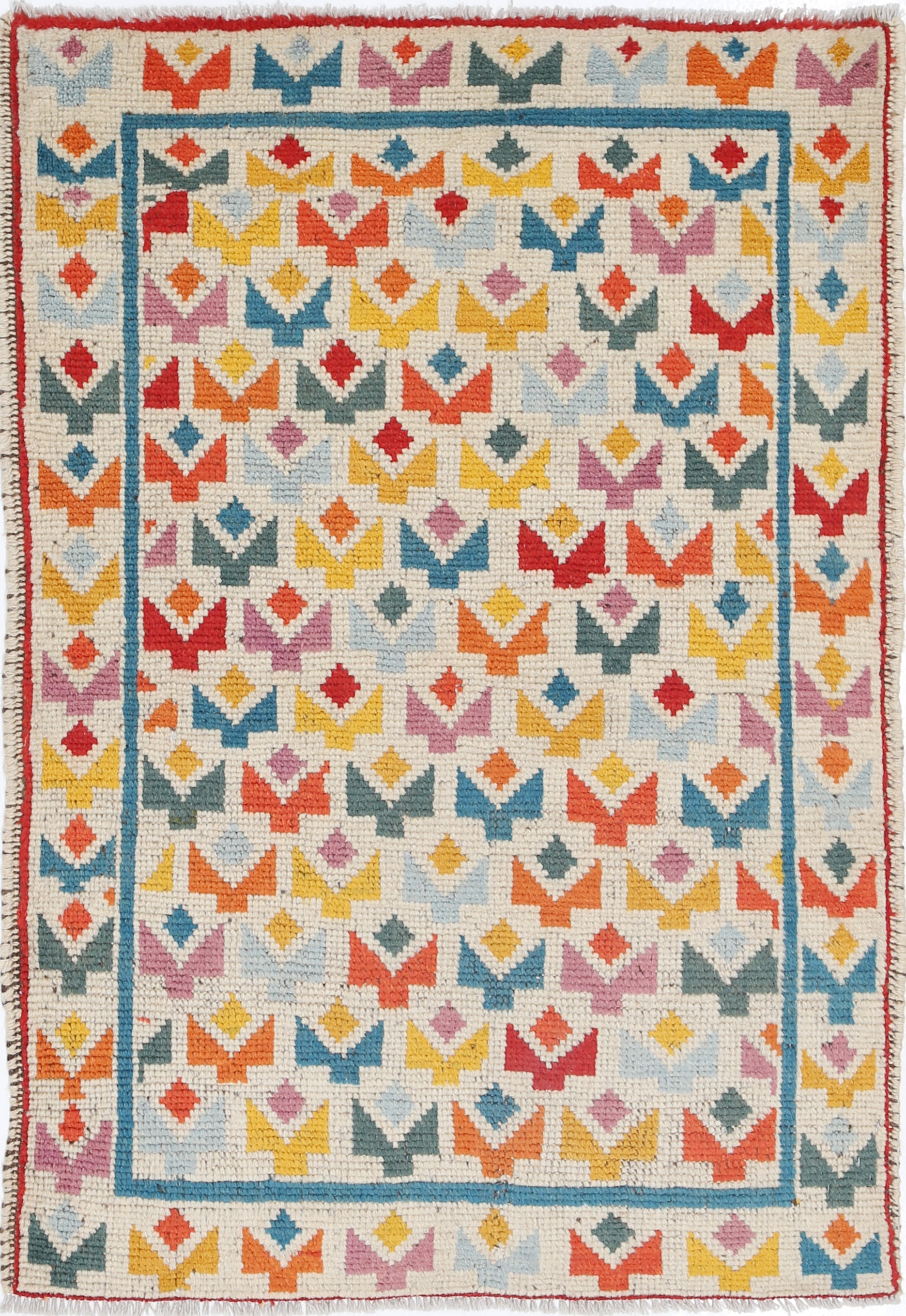 Ivory Hand-Knotted Tribal Geometric Wool Rug - 2'10" x 4'0"