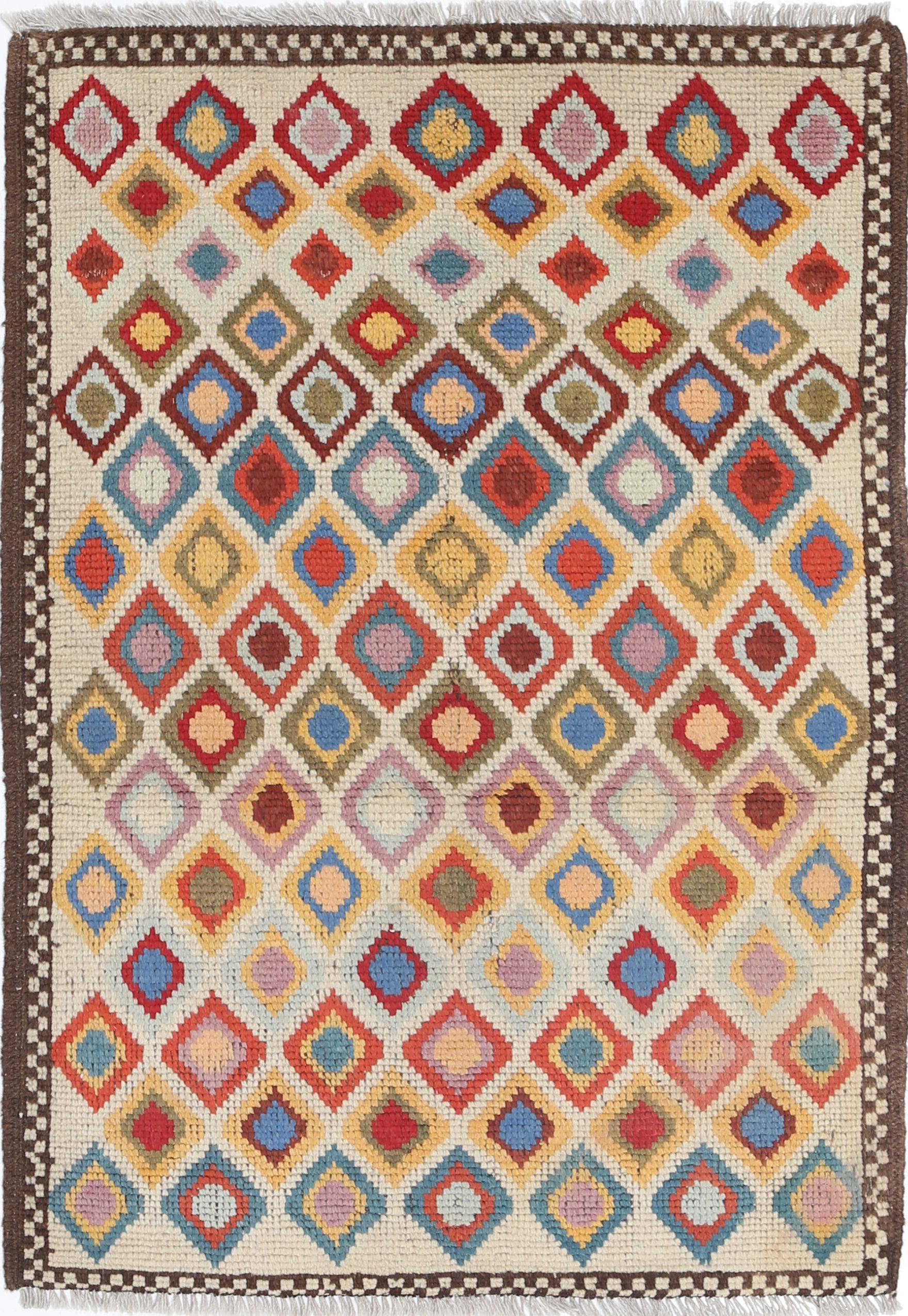 Ivory Hand-Knotted Tribal Geometric Wool Rug - 2'7" x 3'10"