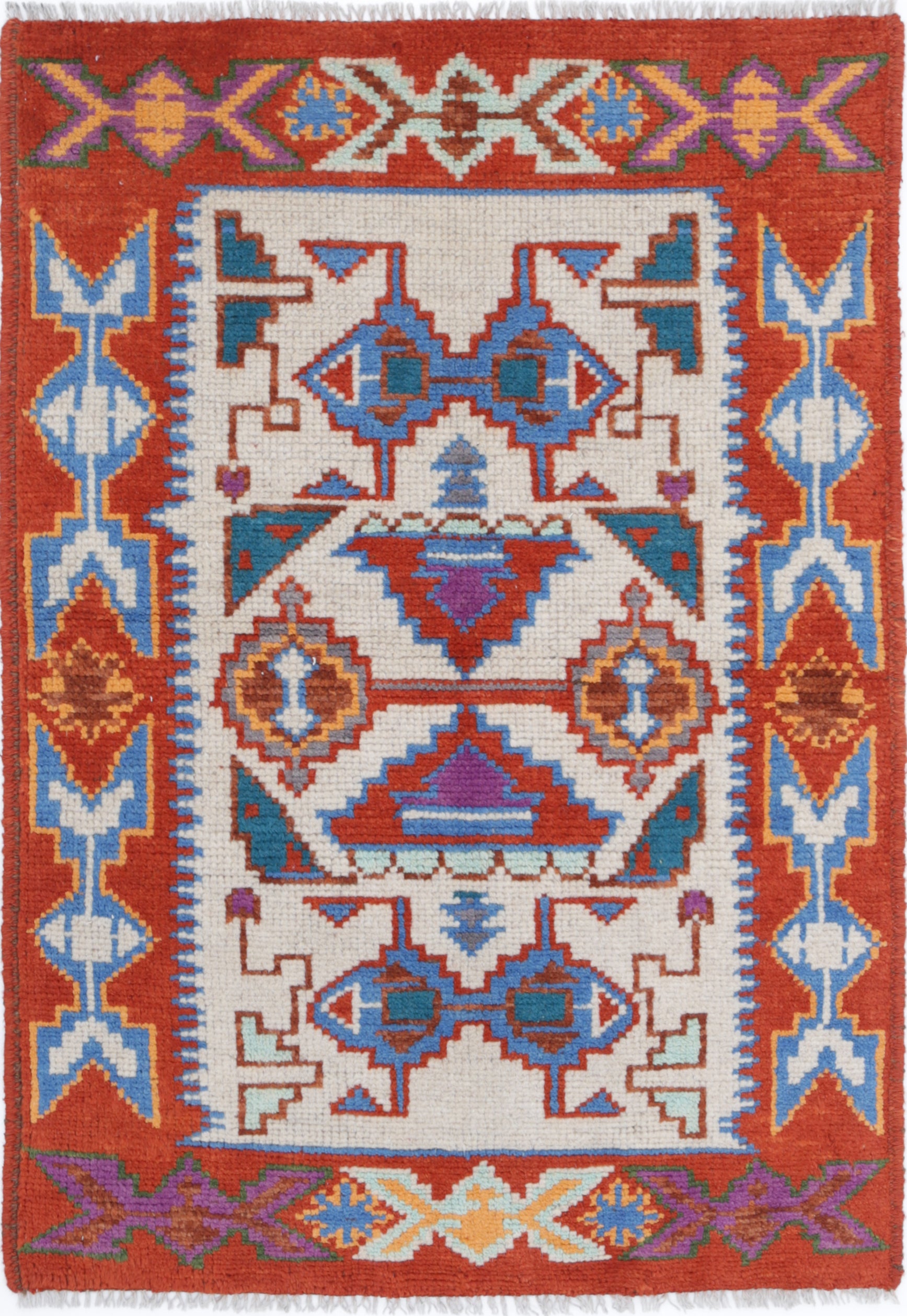 Ivory Hand-Knotted Tribal Geometric Wool Rug - 2'6" x 3'8"