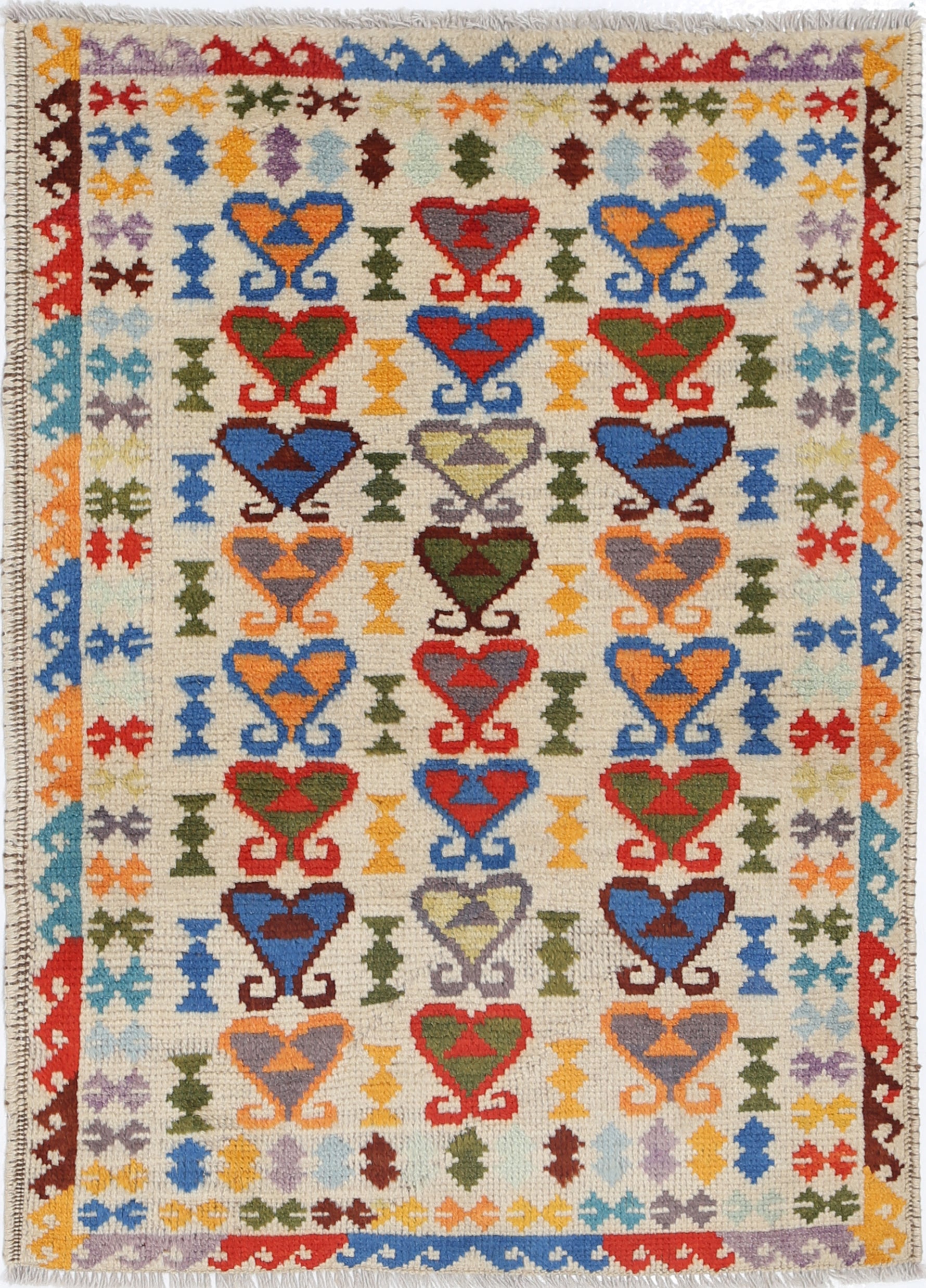 Ivory Hand-Knotted Tribal Geometric Wool Rug - 2'7" x 3'8"