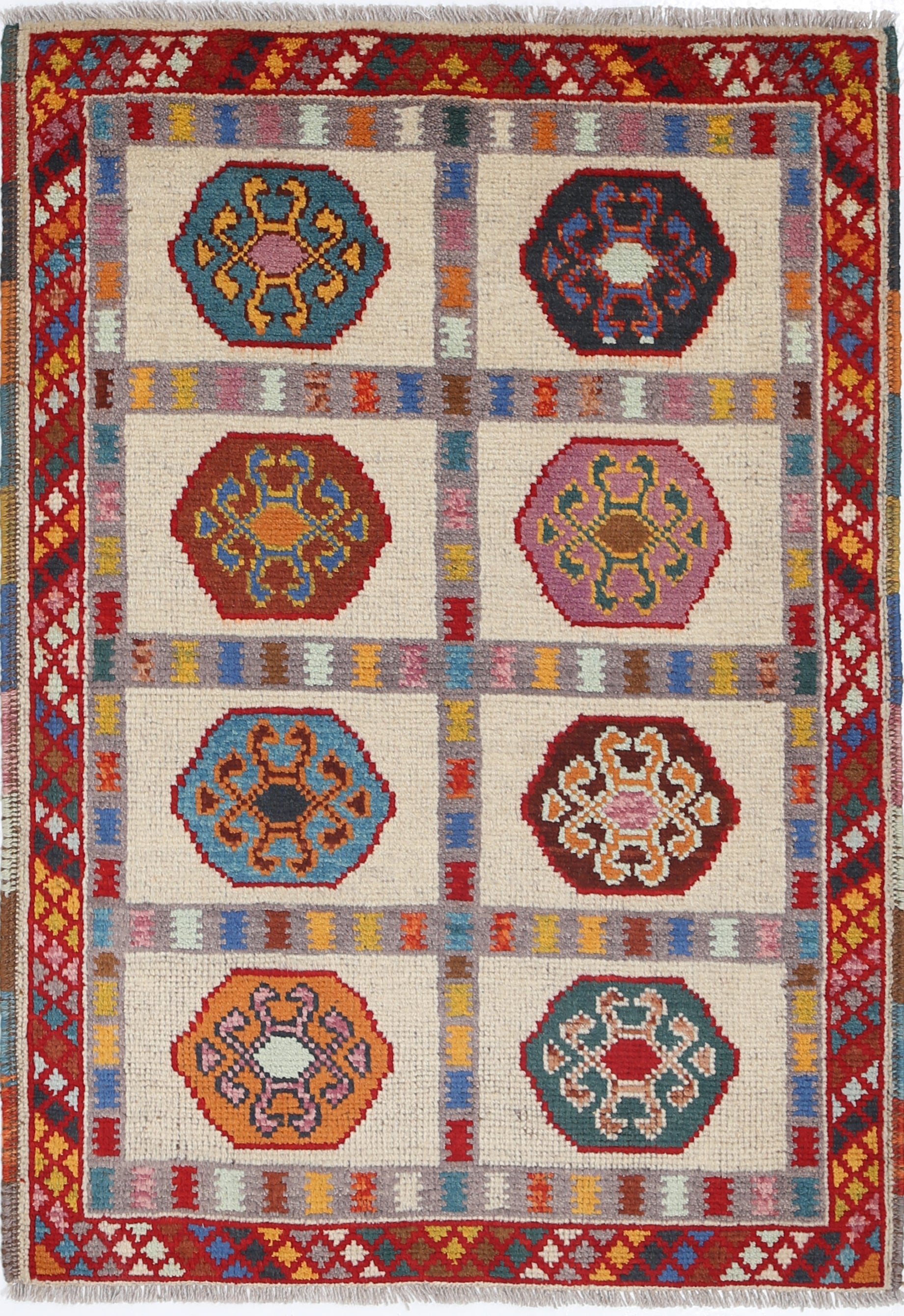 Ivory Hand-Knotted Tribal Geometric Wool Rug - 2'10" x 3'11"