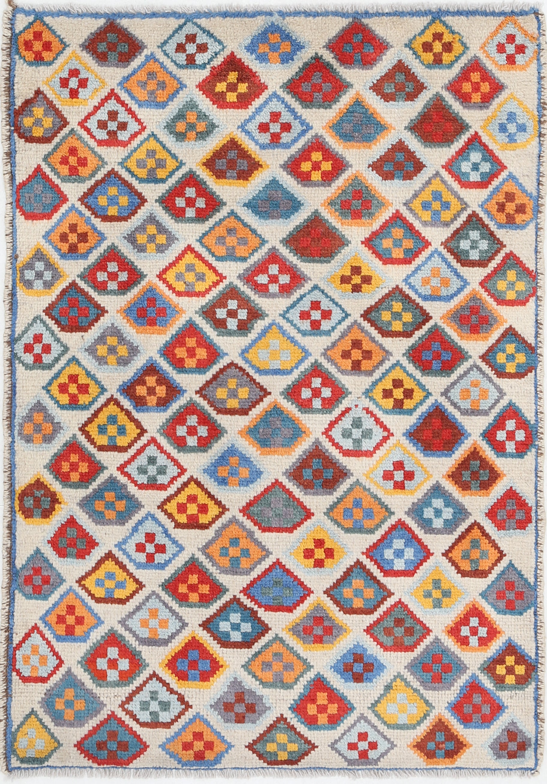 Ivory Hand-Knotted Tribal Geometric Wool Rug - 2'9" x 3'10"