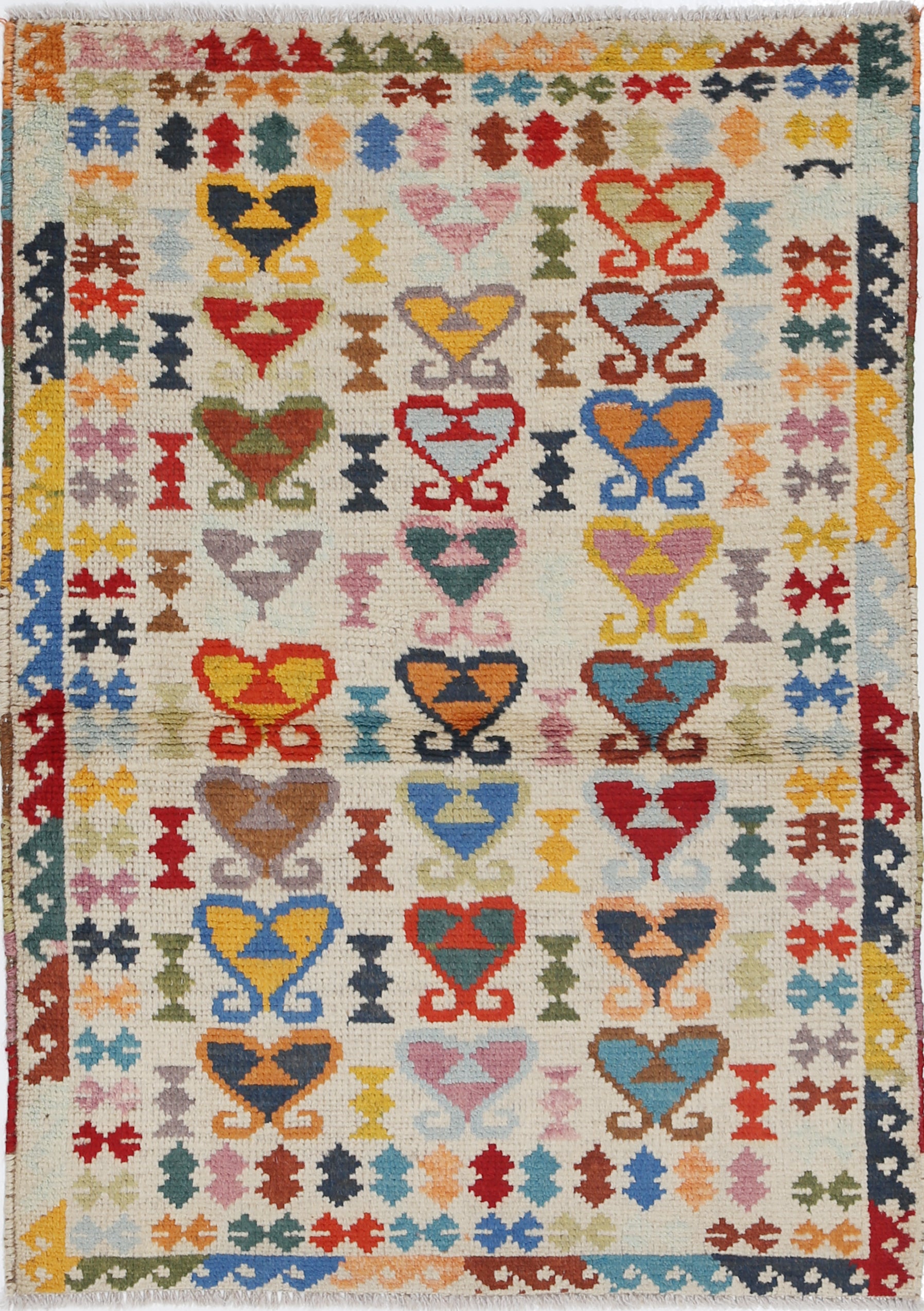 Ivory Hand-Knotted Tribal Geometric Wool Rug - 2'9" x 3'11"