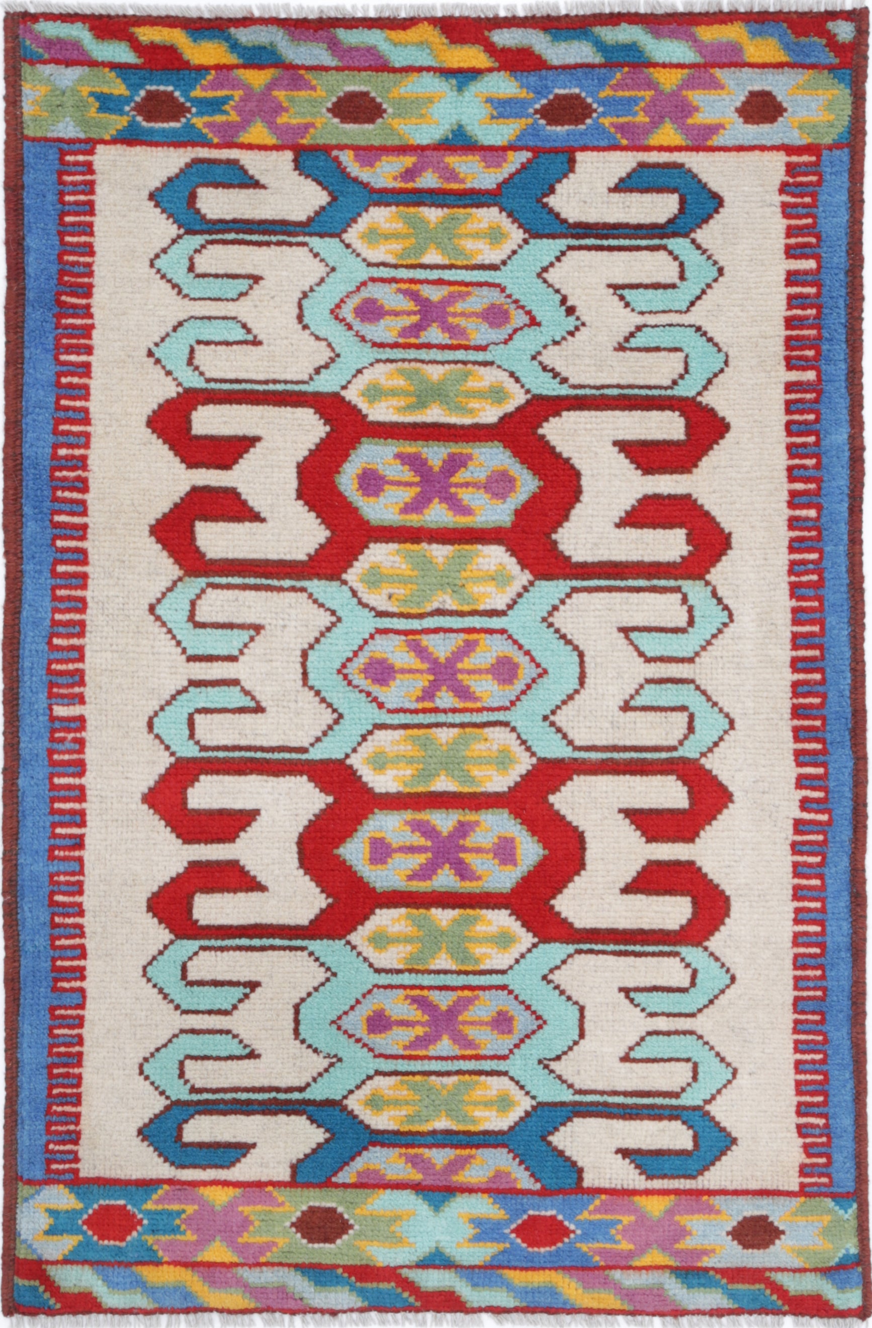 Ivory Hand-Knotted Tribal Geometric Wool Rug - 2'7" x 4'1"