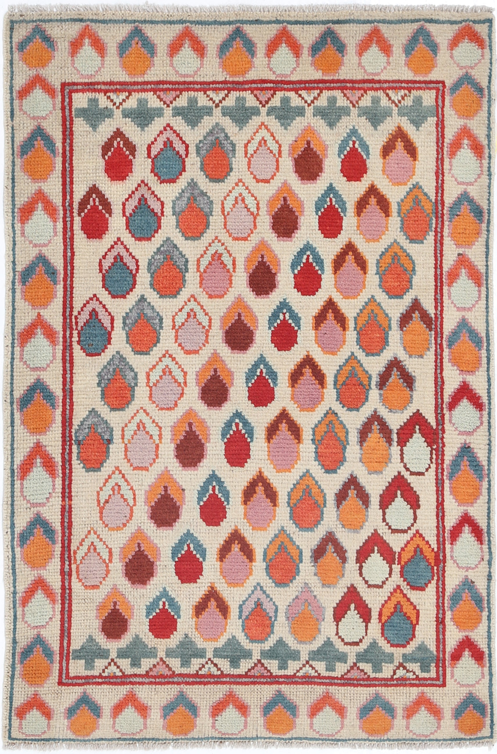 Ivory Hand-Knotted Tribal Geometric Wool Rug - 2'8" x 4'0"