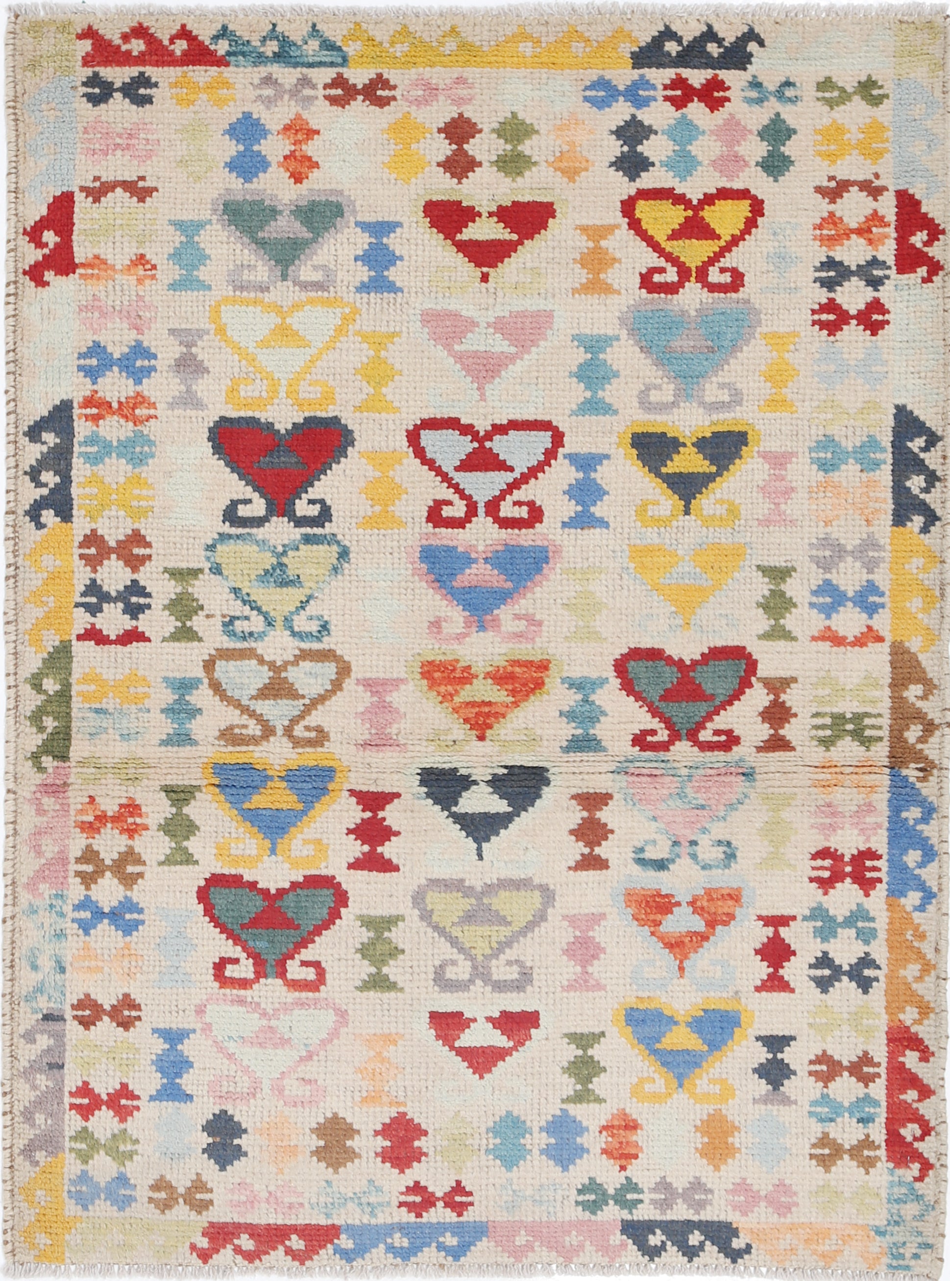 Ivory Hand-Knotted Tribal Geometric Wool Rug - 2'9" x 3'11"