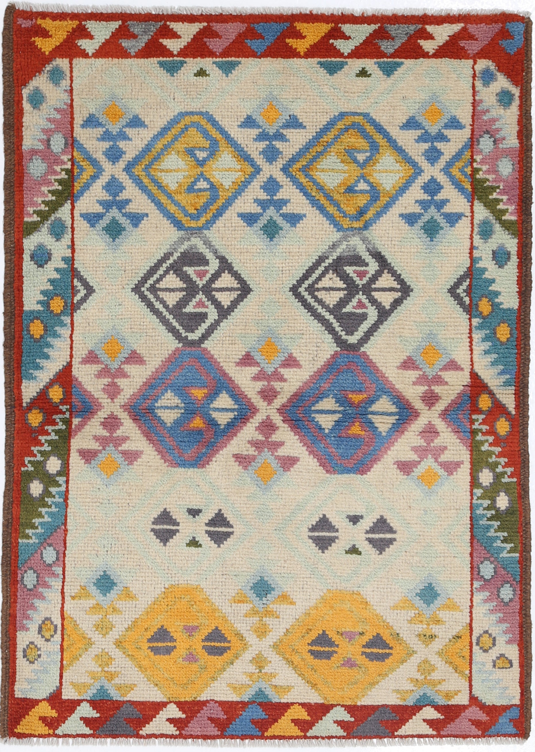 Ivory Hand-Knotted Tribal Geometric Wool Rug - 2'9" x 4'0"