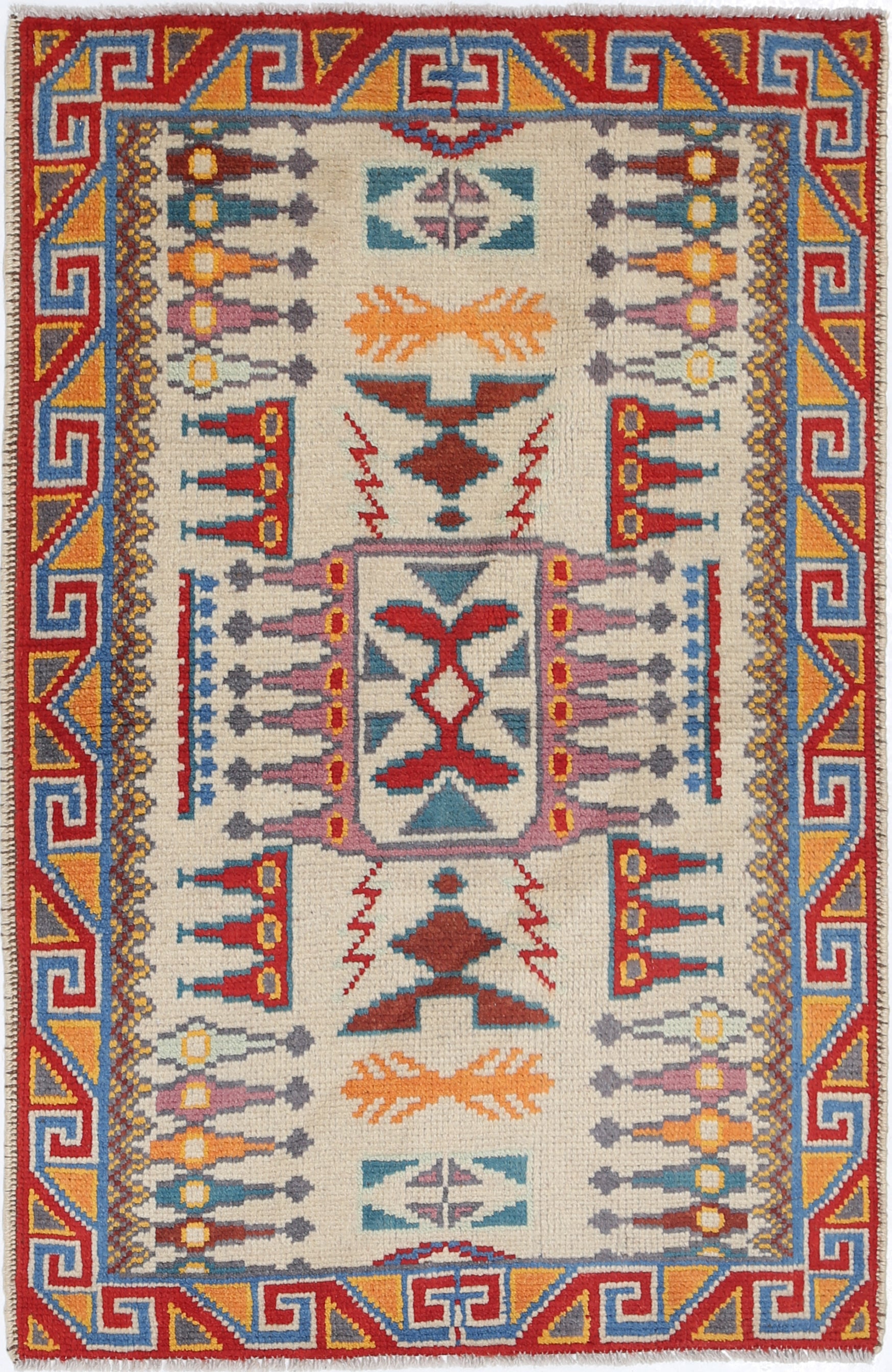 Ivory Hand-Knotted Tribal Geometric Wool Rug - 2'8" x 4'1"