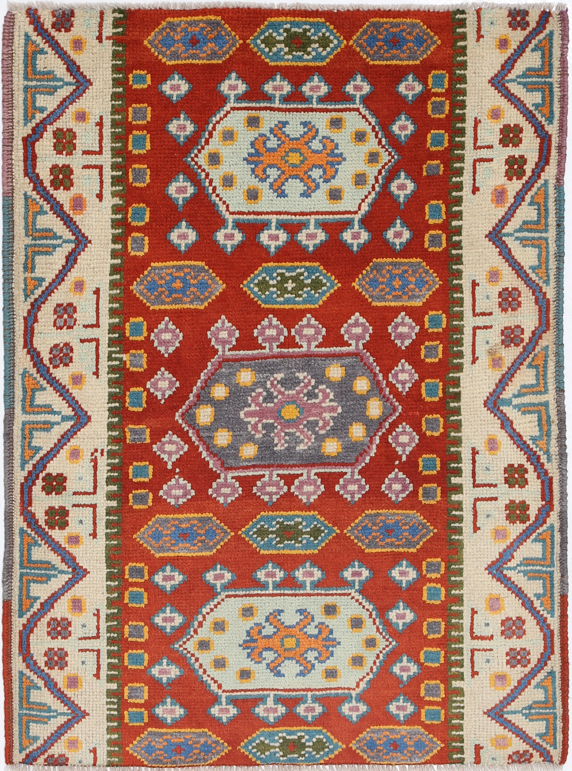 Red Hand-Knotted Tribal Geometric Wool Rug - 2'9" x 3'9"